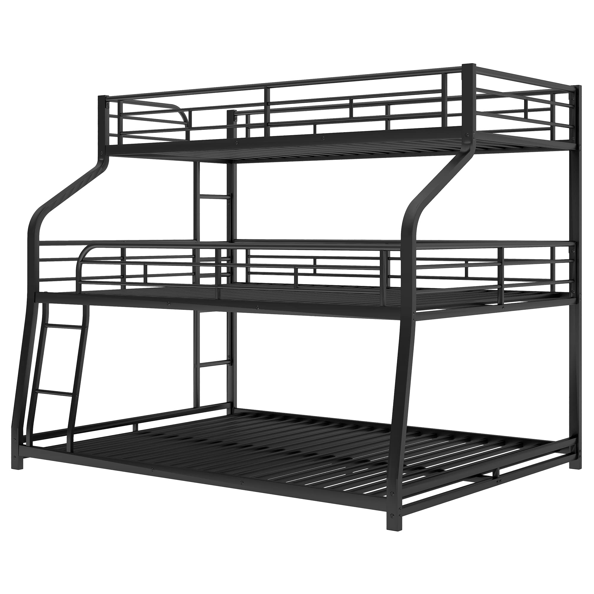 Metal Triple Bunk Bed with Guardrails and Ladder Black