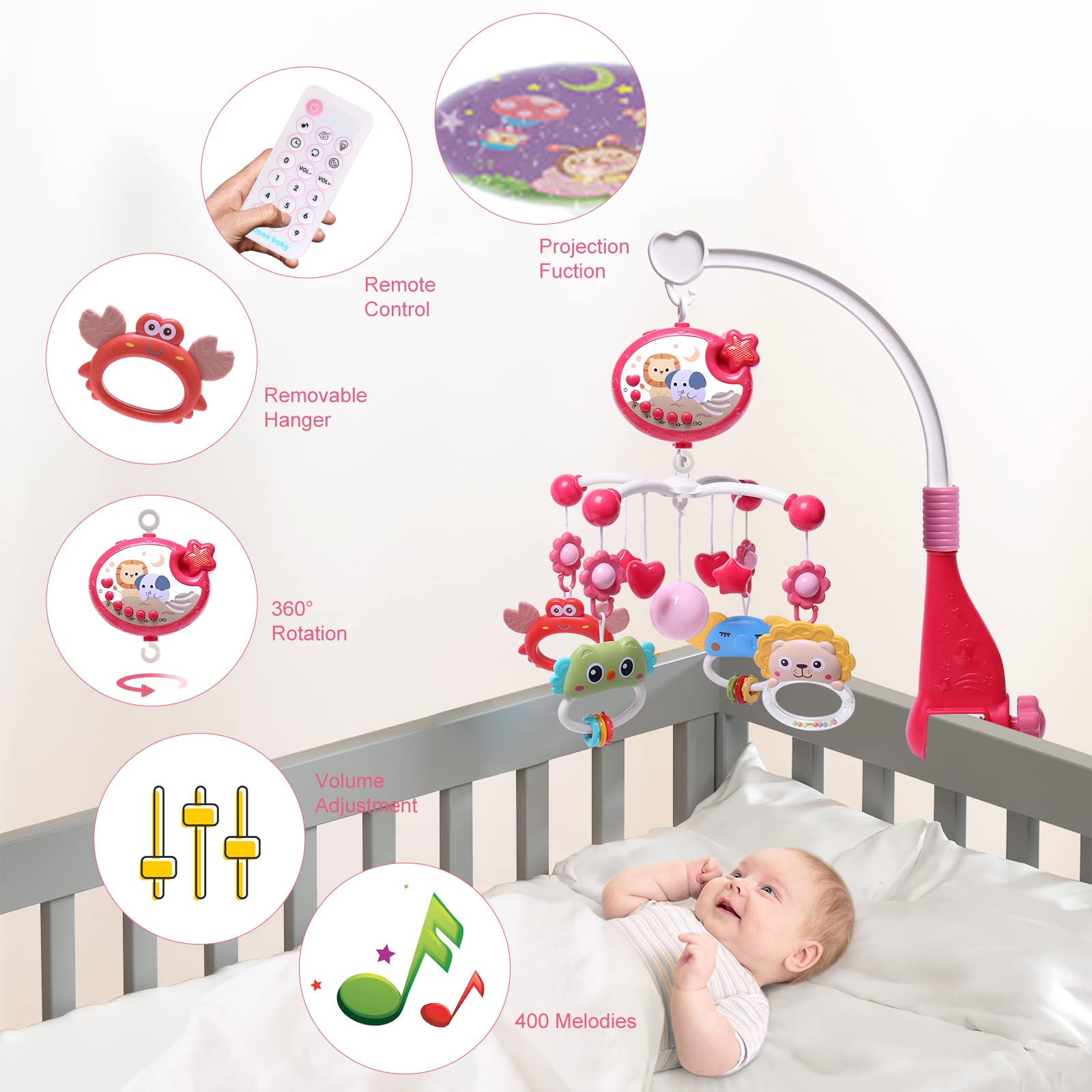 Baby Mobile for Crib with Crib Toys Music and Lights for Pack and Paly Crib Musical