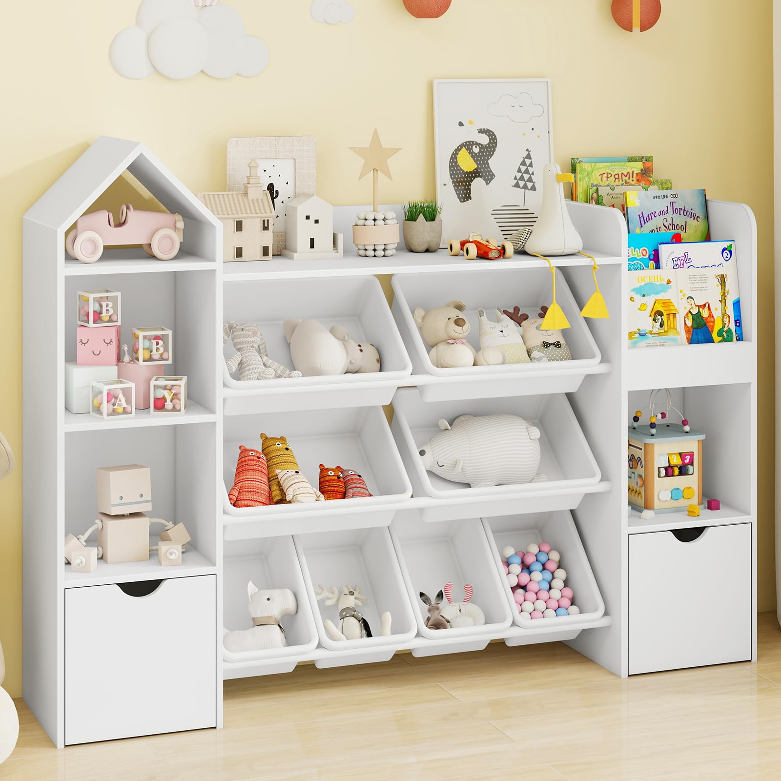 Kids Toy Storage Organizer with Bookshelf and Removable Bins