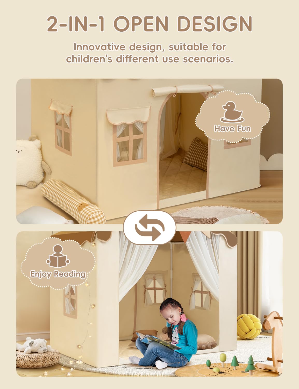 WIRHAO Kids Tent with Padded Mat Kids Playhouse Tent 2 in 1, Play Tent Large Space Indoor with 2 Doors and 4 Windows for Girls Boys with Stars Lights, Carry Bag, Banner Flag (Brown, 2 in 1)
