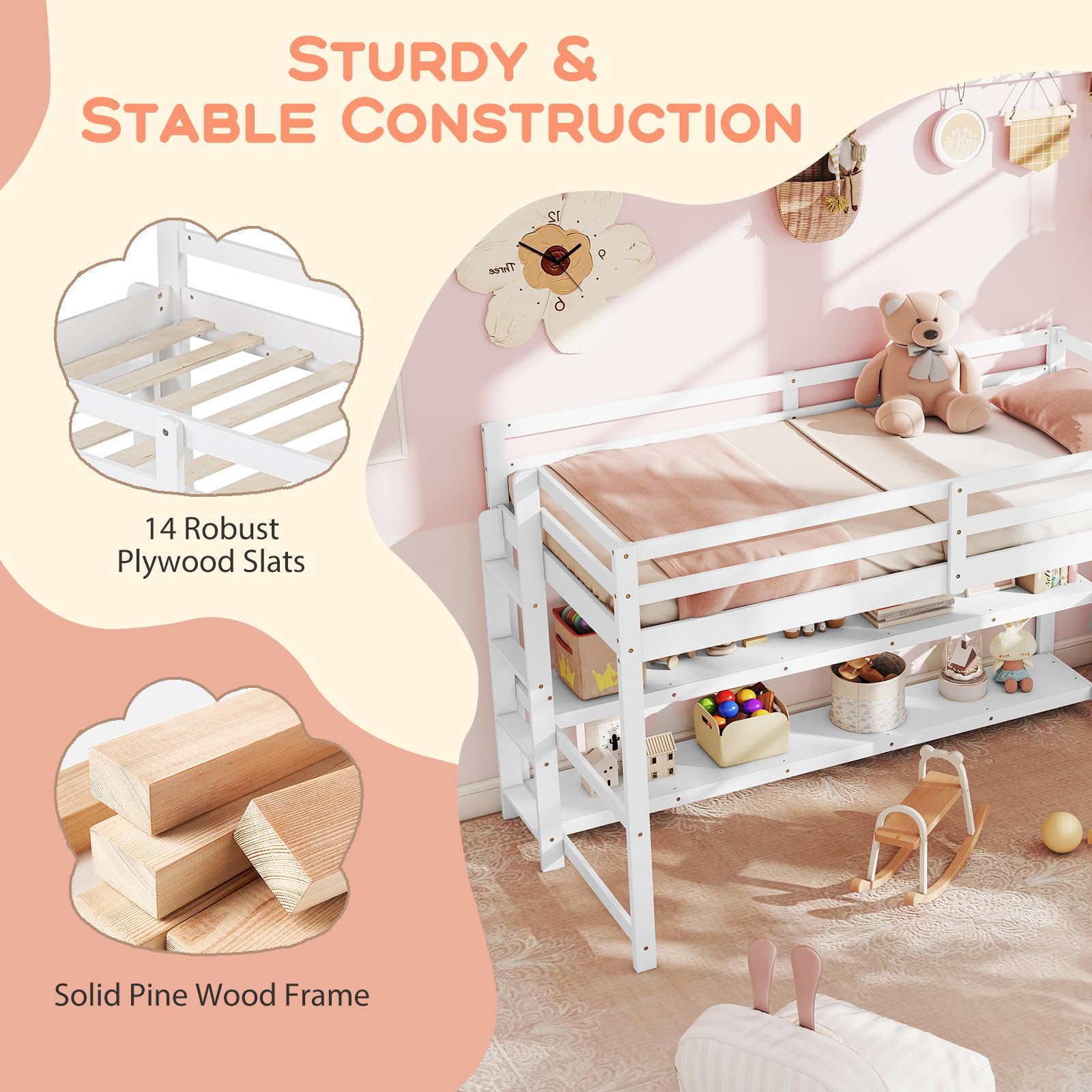 Twin Low Loft Bed with Storage Shelves and Ladder