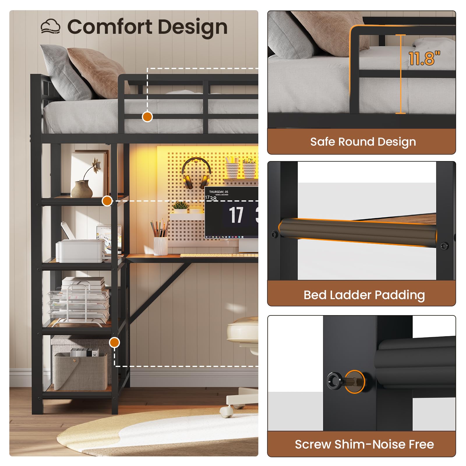 Twin Loft Bed with L-Shaped Desk and Storage