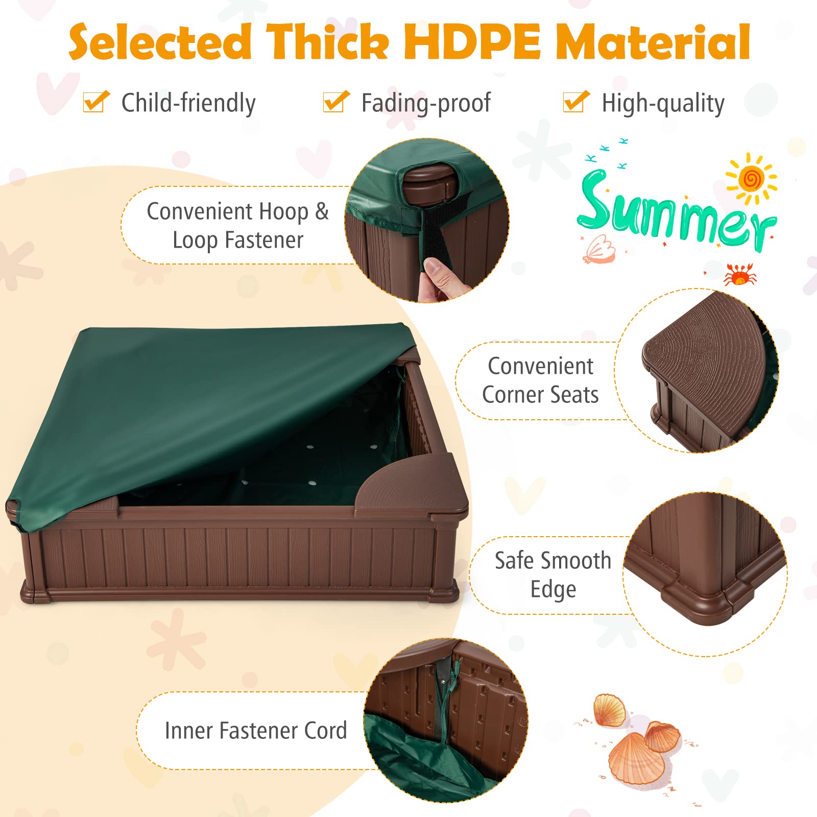 Kids Sandbox with Cover 48x48 Inch HDPE Outdoor Play Pit