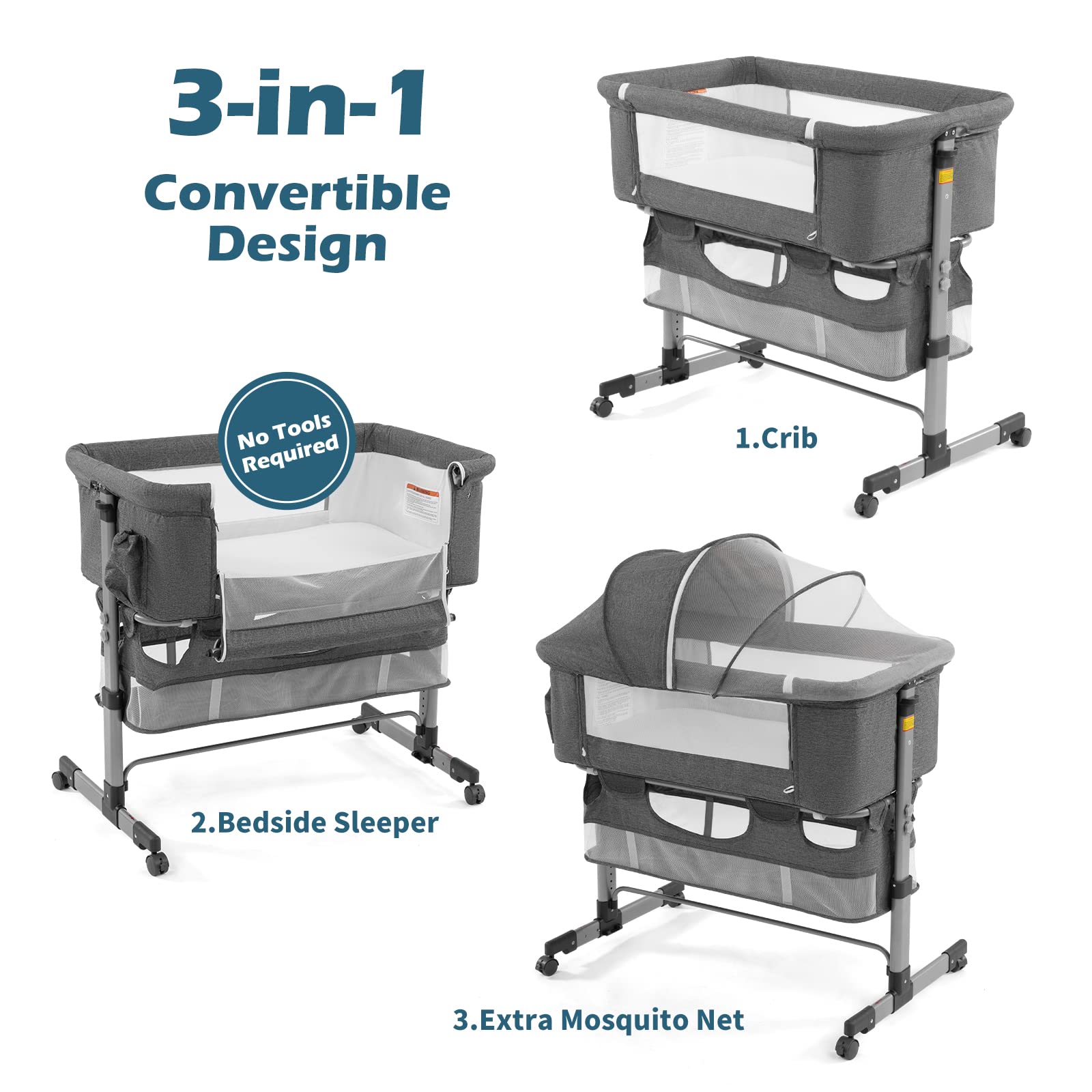 Bedside Sleeper Baby Bassinet 3-in-1 Adjustable Portable Crib