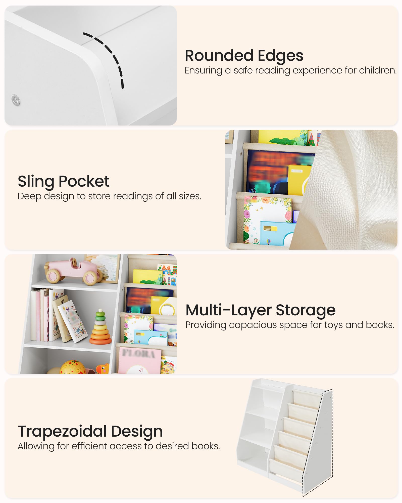 Kids Bookshelf Storage Organizer with 6 Fabric Sling Pockets
