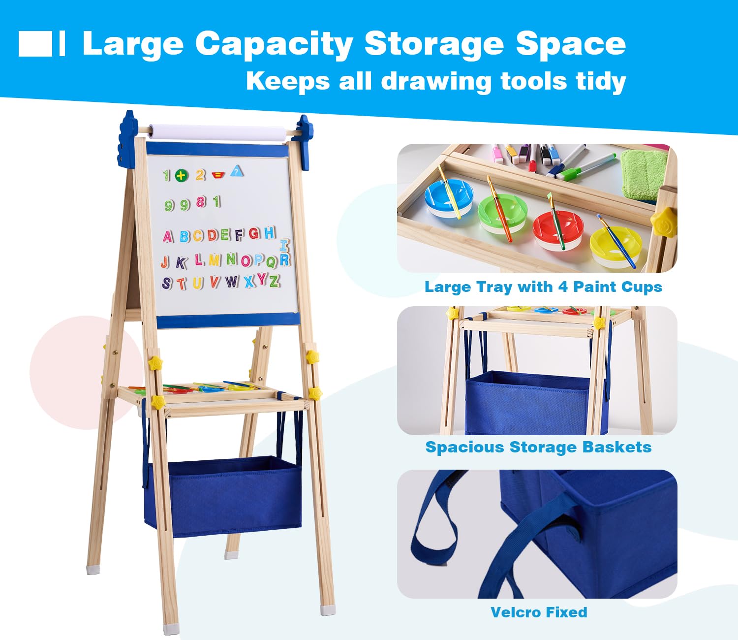 Art Easel for Kids - Adjustable Wooden Double-Sided Magnetic Whiteboard and Chalk Board with Paper Roll, Including 100+ Drawing Accessories - Foldable Painting Birthday Gifts for Boys Girls Ages 3-12