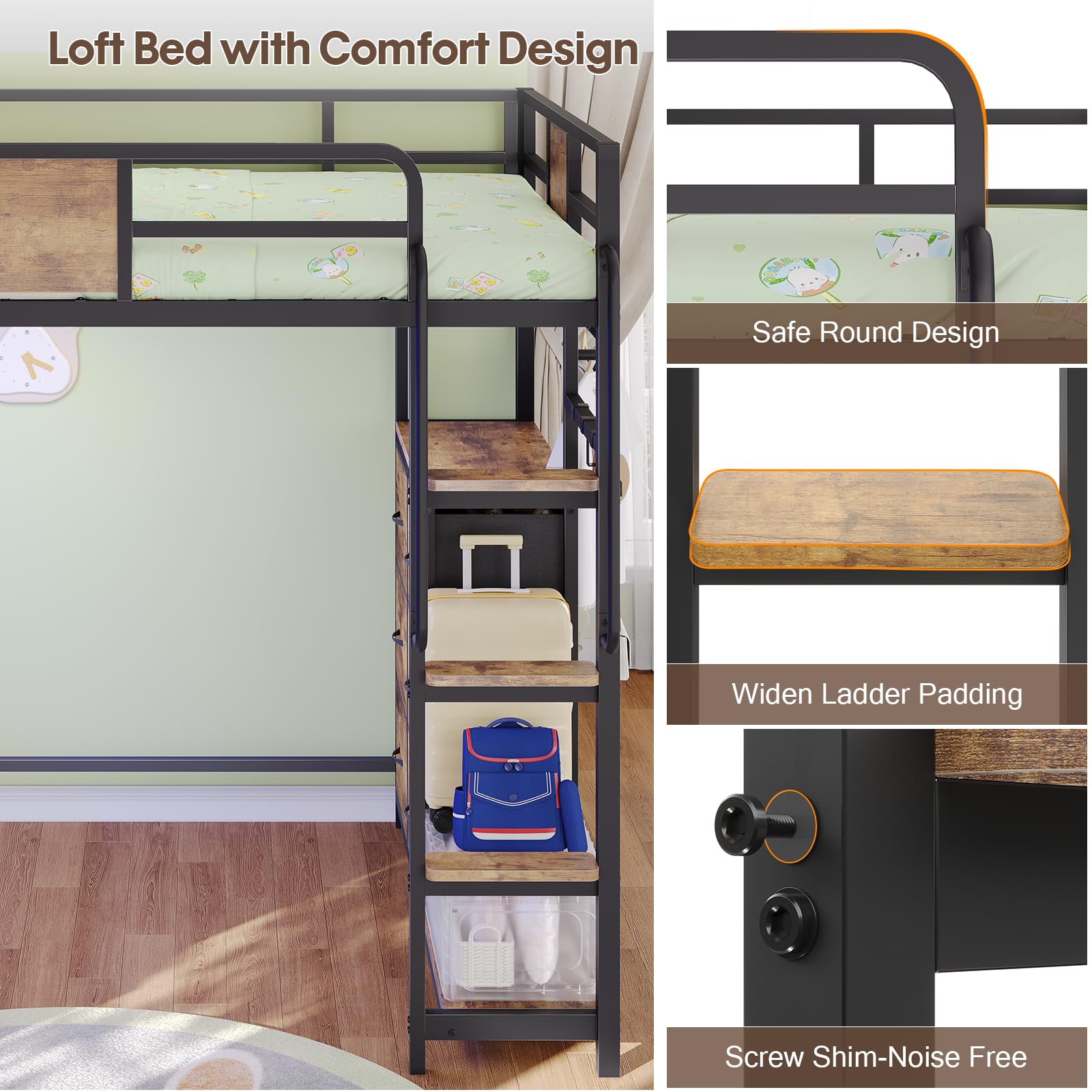 Twin Loft Bed with Desk and Storage