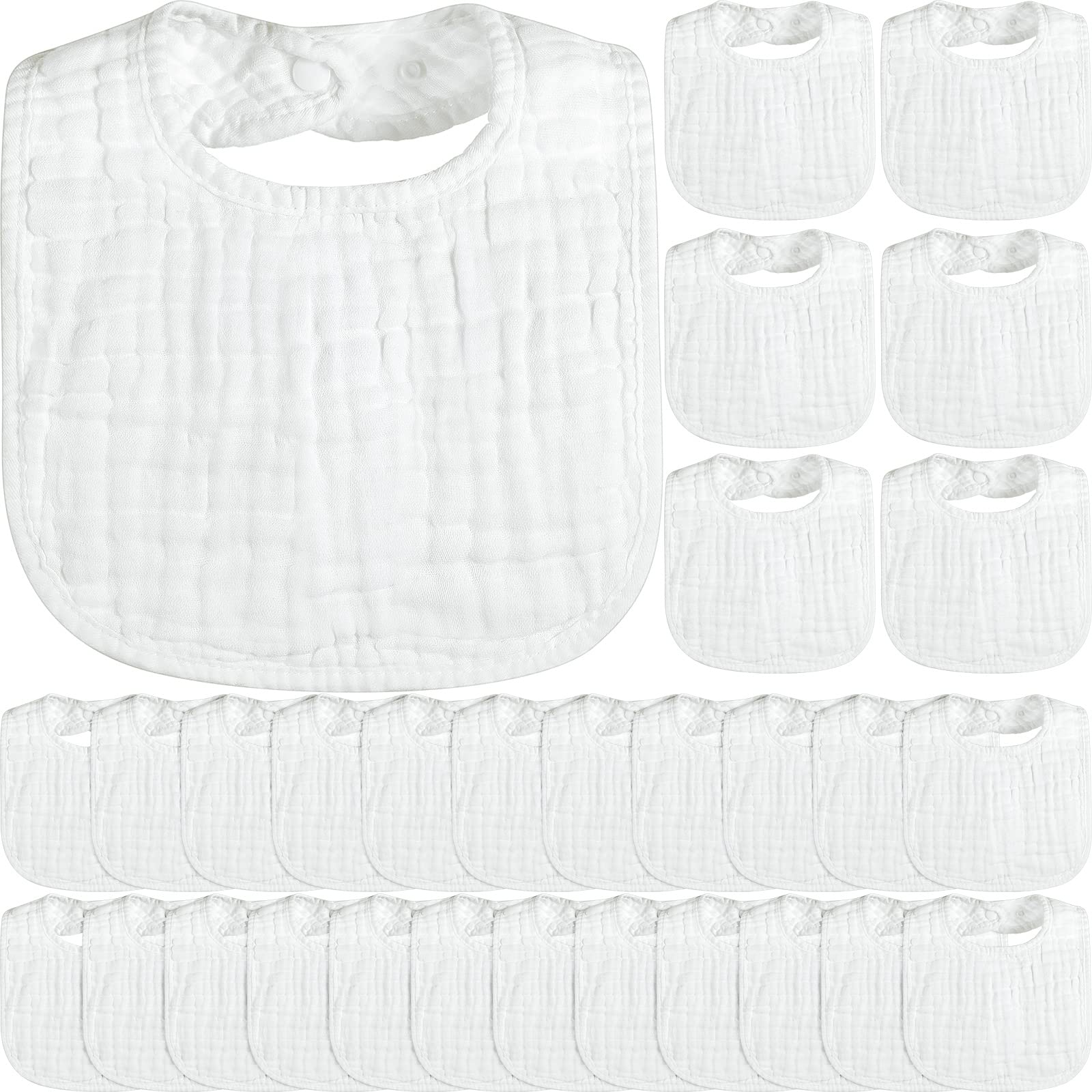 30 Pack White Muslin Baby Bibs Bulk Adjustable 6 Layers Baby Bandana