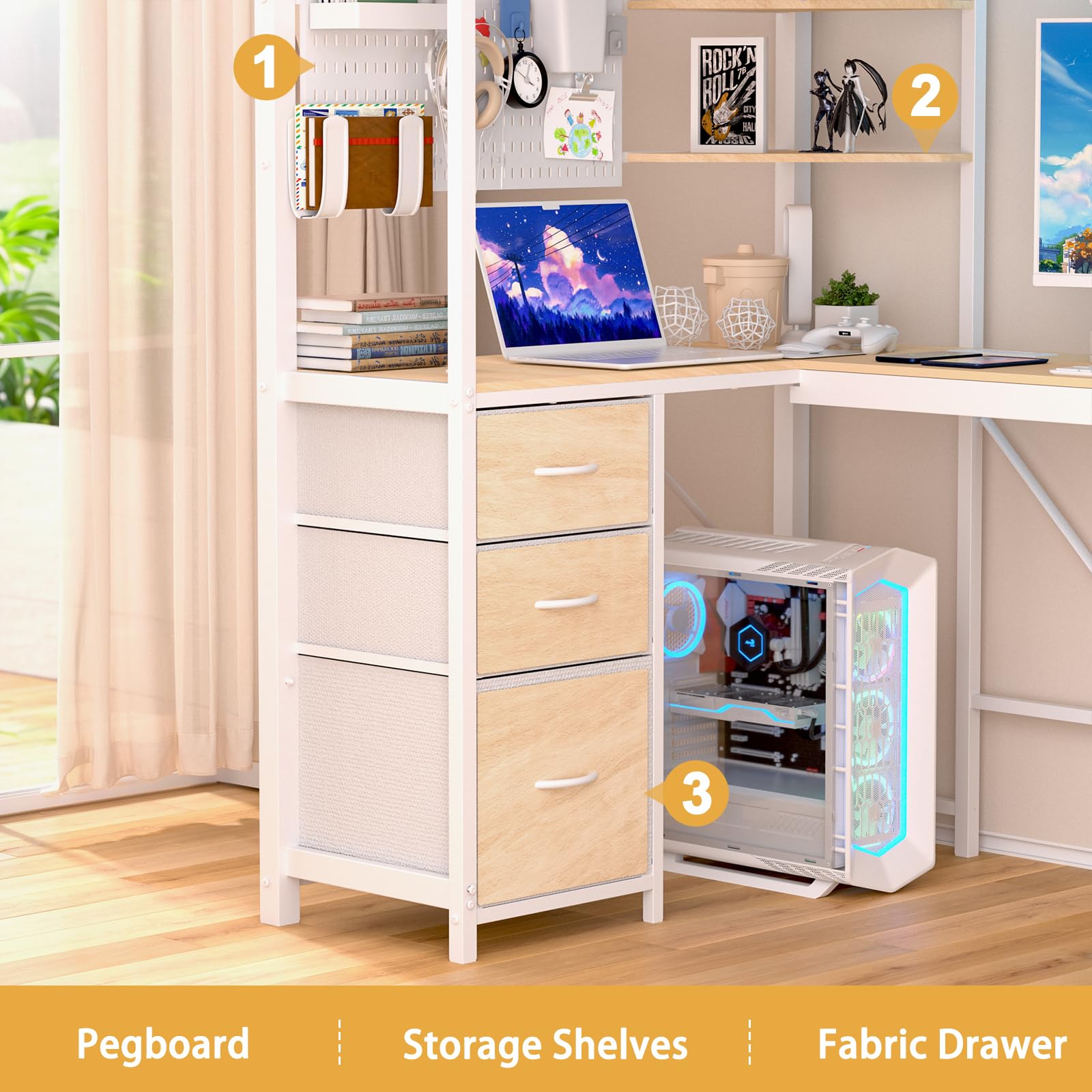 Twin Loft Bed with L-Shaped Desk and LED Lights