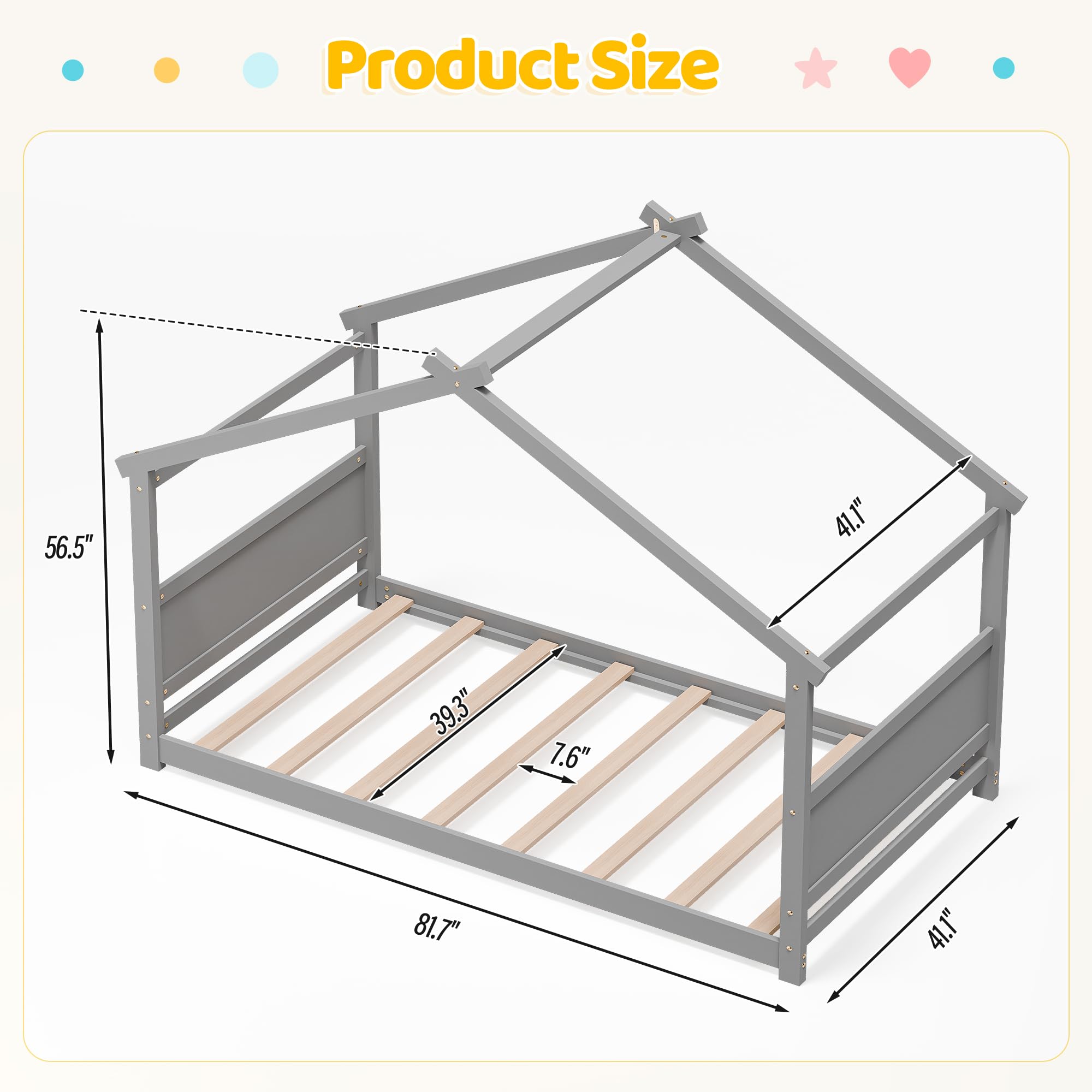 Twin House Bed Frame with Headboard & Footboard - Montessori Floor Bed for Toddlers & Teens