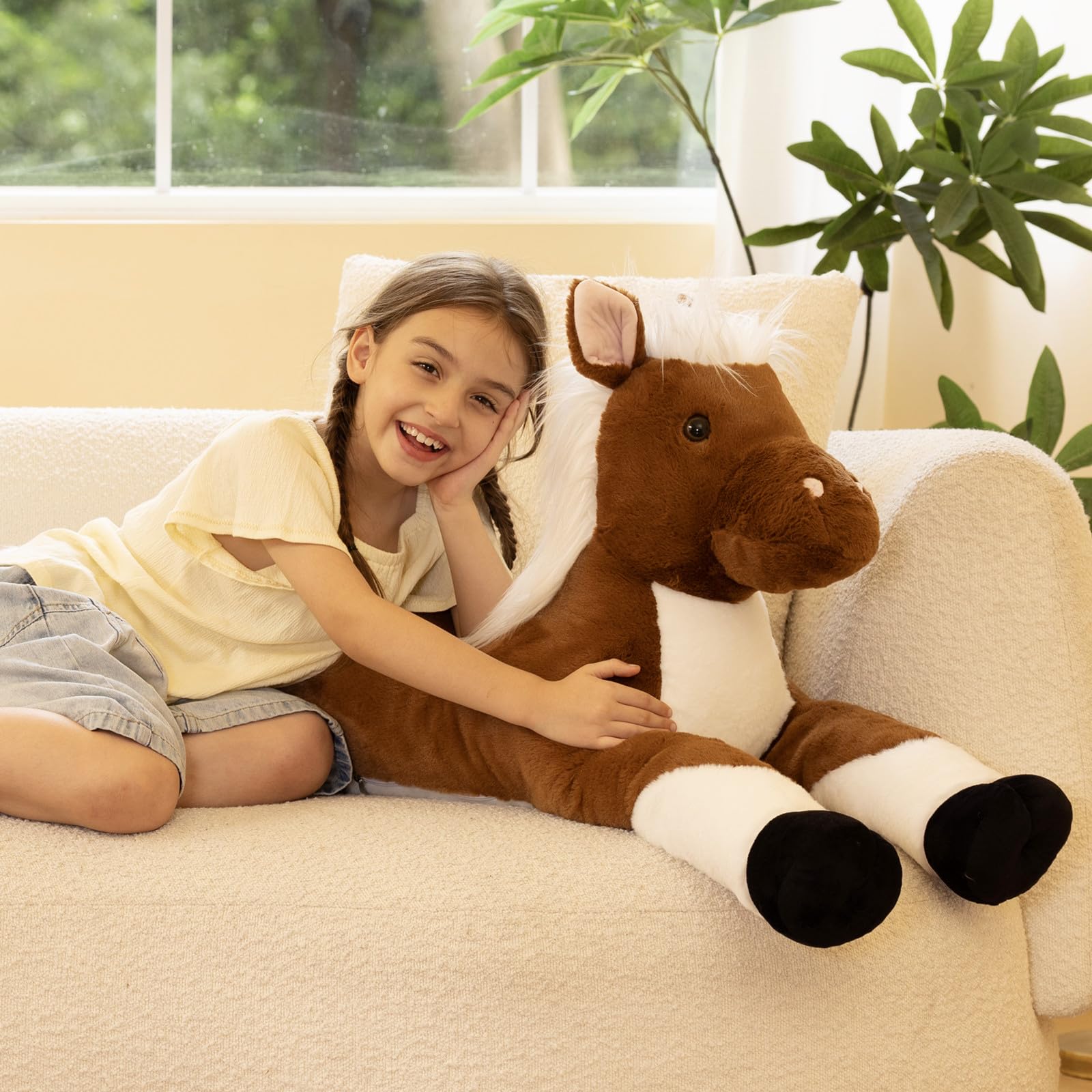 43.3 Inch Large Horse Stuffed Animal, Long Brown Horse Plush Toy for Kids