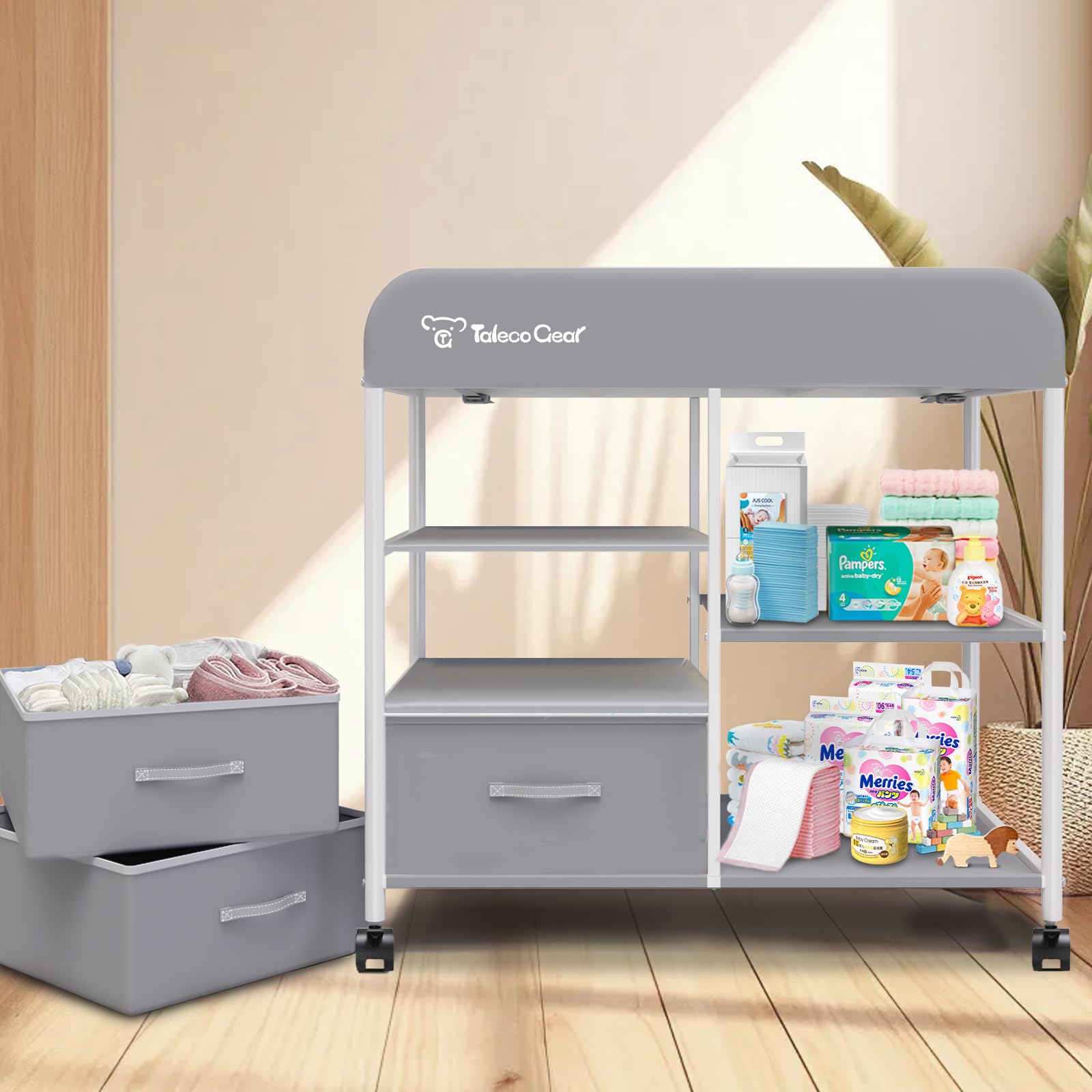 Portable Baby Changing Table with Wheels and Storage Baskets