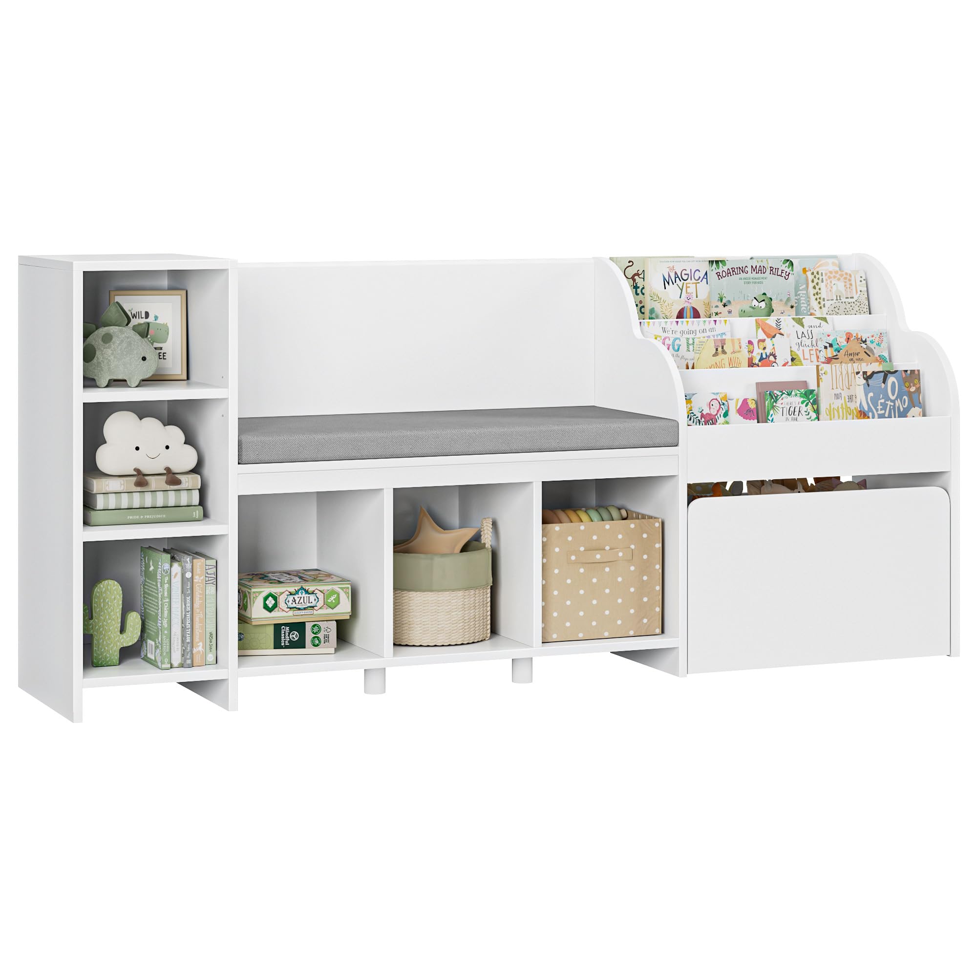 67" Kids Reading Nook with Bench, Kids Bookshelf and Bookcase s, Toy Storage Box on Wheels, Toy Chest for Playroom, Bedroom, School, White