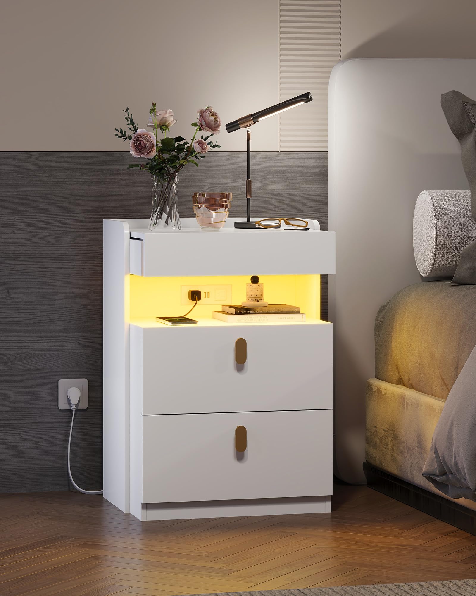 LED Nightstand with Charging Station and Drawers