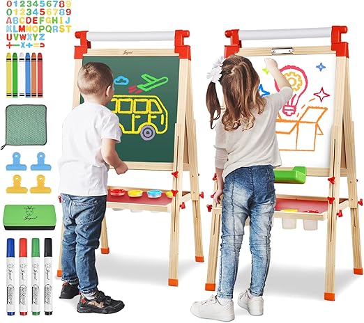 Kids Wooden Easel with Paper Roll - Adjustable Magnetic Double Sided