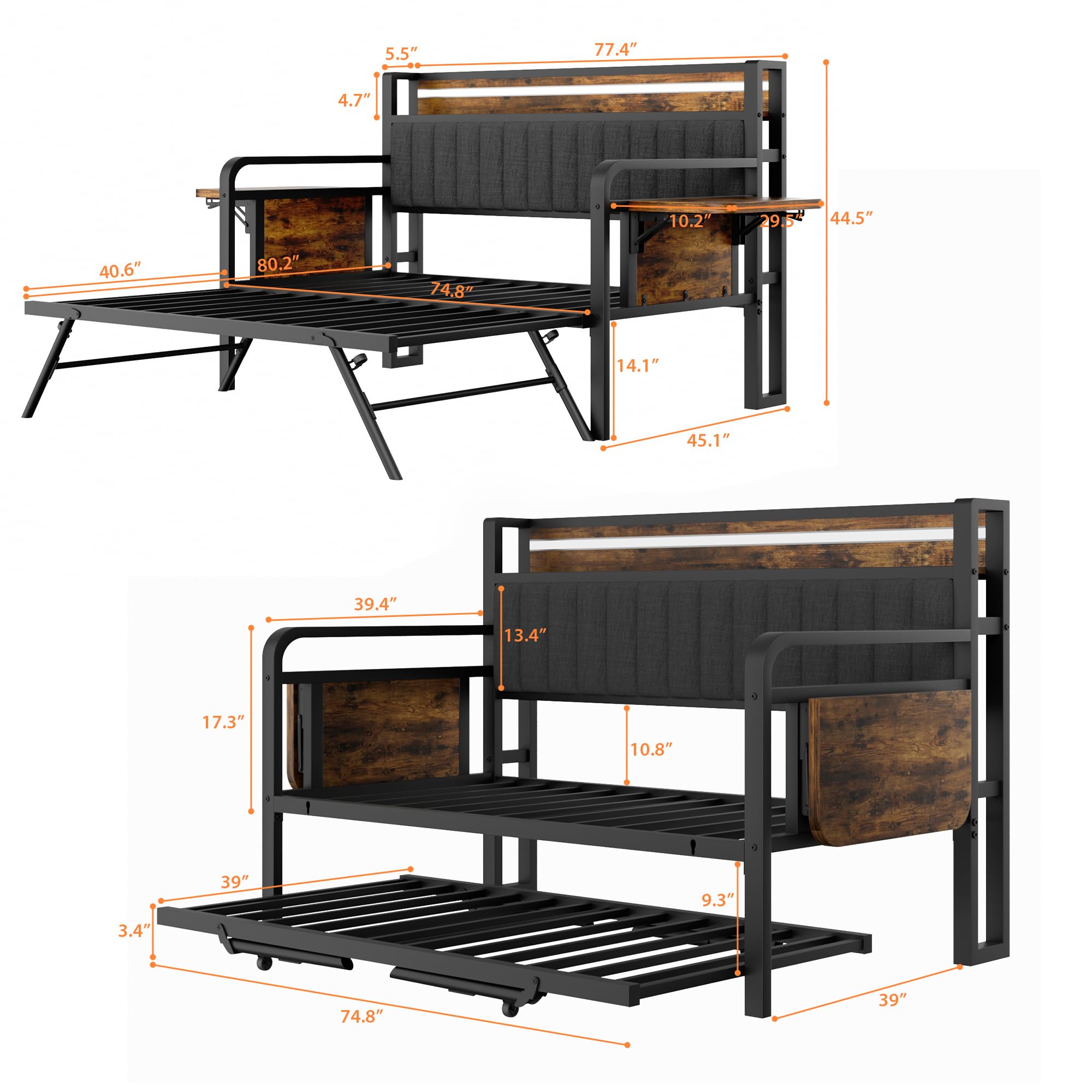 Daybed with Trundle and LED Light, Heavy Duty Metal Twin Bed Frame with Upholstered Storage Headboard & Charging Station, Day Bed Pop Up Trundle Bed Twin for Living Room,Bedroom and Guest Room, Brown