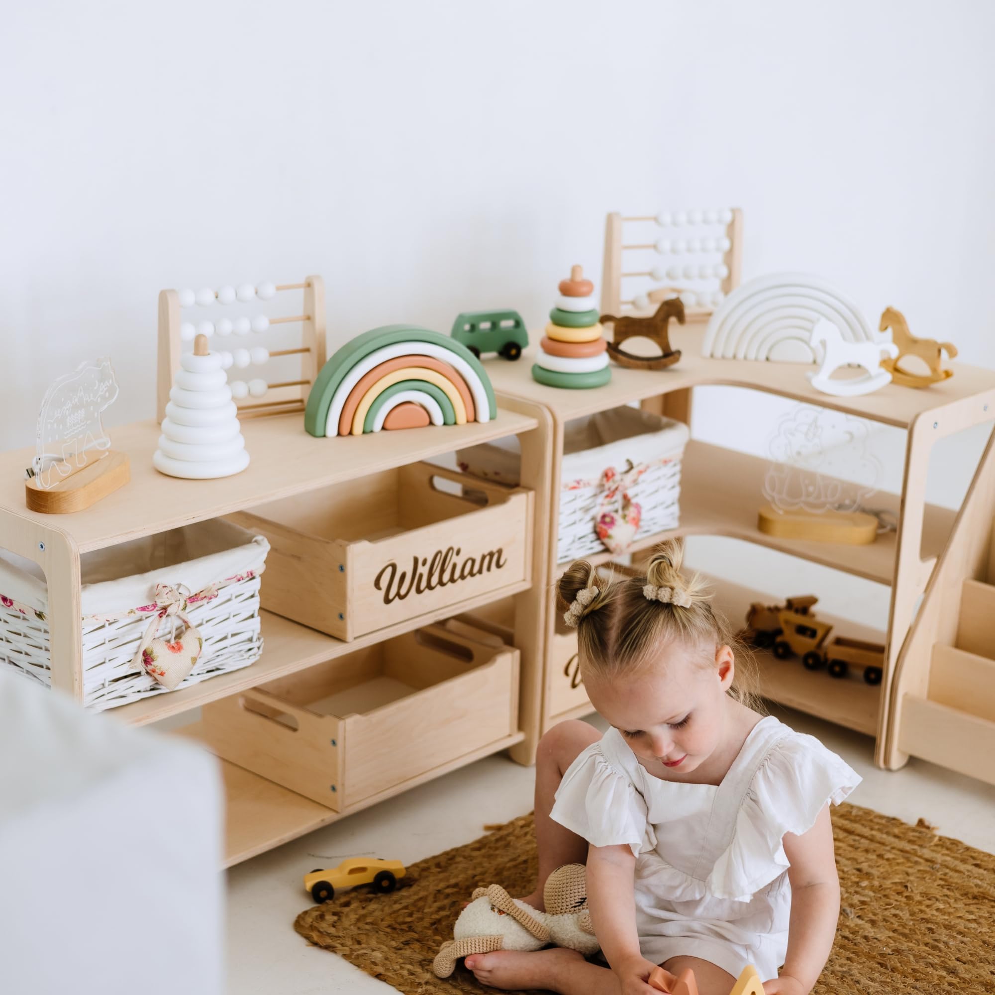Wooden Kids Shelves Set - Montessori Bookshelf and Toy Storage