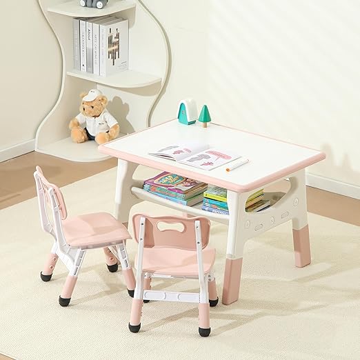 Kids Table and 2 Chairs Set, Large Built-in Storage, Adjustable Toddler Table and Chair Set
