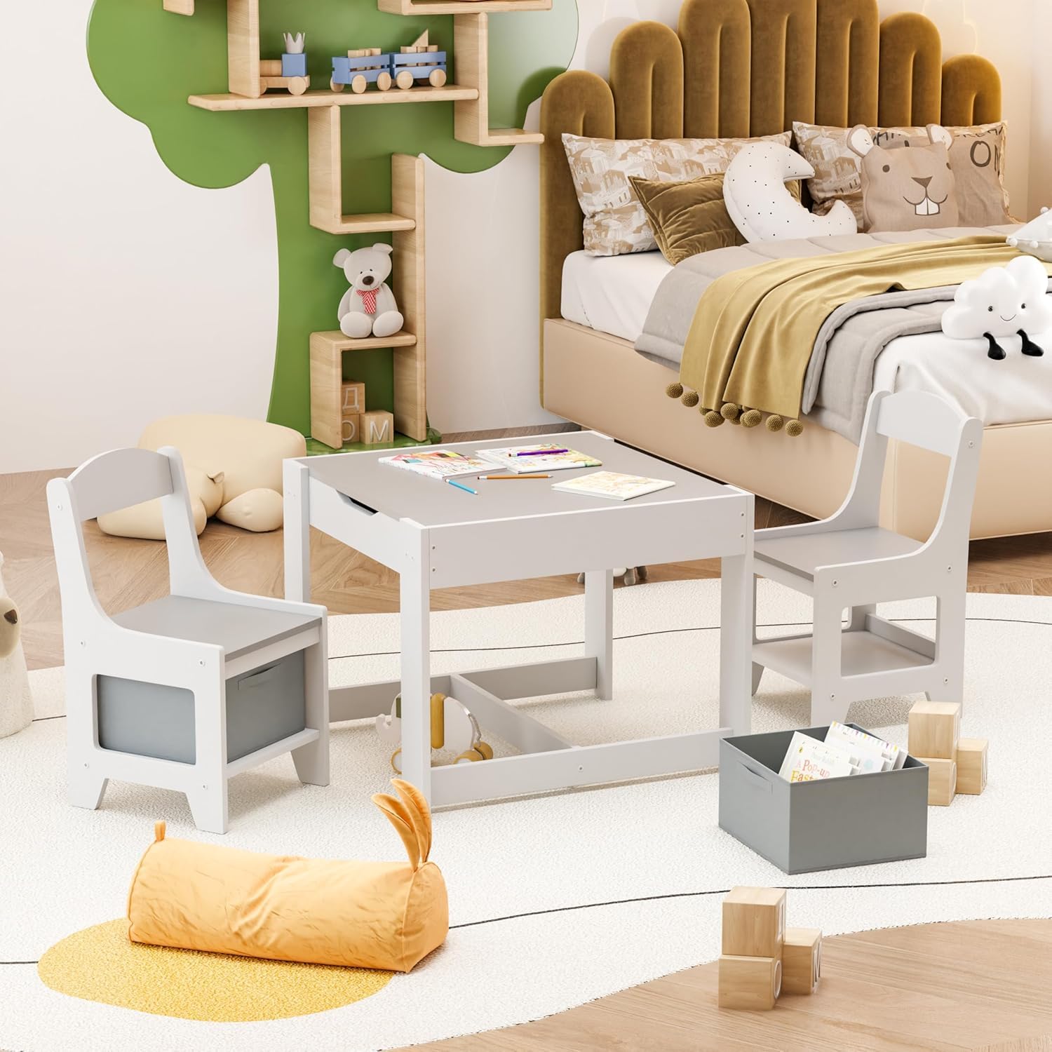 3 in 1 Kids Table and Chairs with Storage and Detachable Top