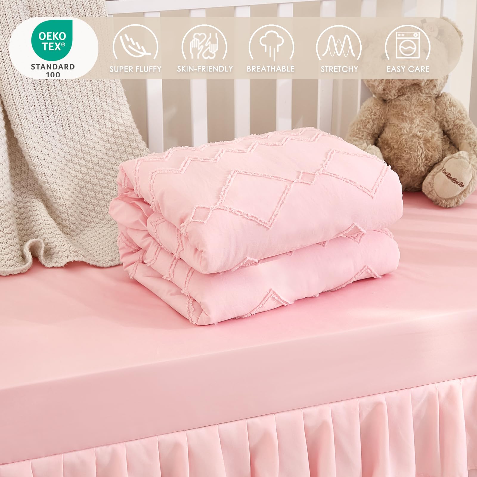 3-Piece Tufted Ruffle Crib Bedding Set for Girls - Ultra Soft Baby Bedding Set Includes Boho Crib Comforter, Sheet & Skirt (Light Pink)