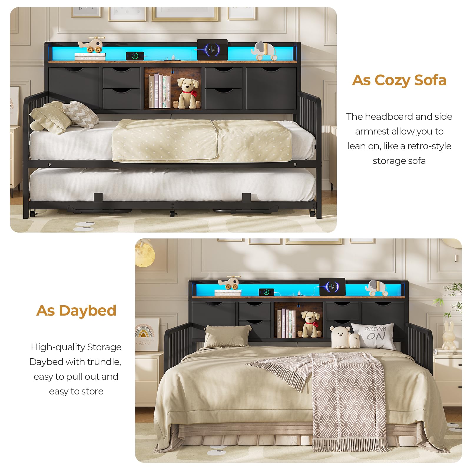 ADORNEVE Daybed with Trundle, Twin Day Bed with Storage Headboard & Charging Station, Height Adjustable Metal Trundle Bed Twin, Sofa Bed Frame for Living Room, Bedroom and Guest Room, Black