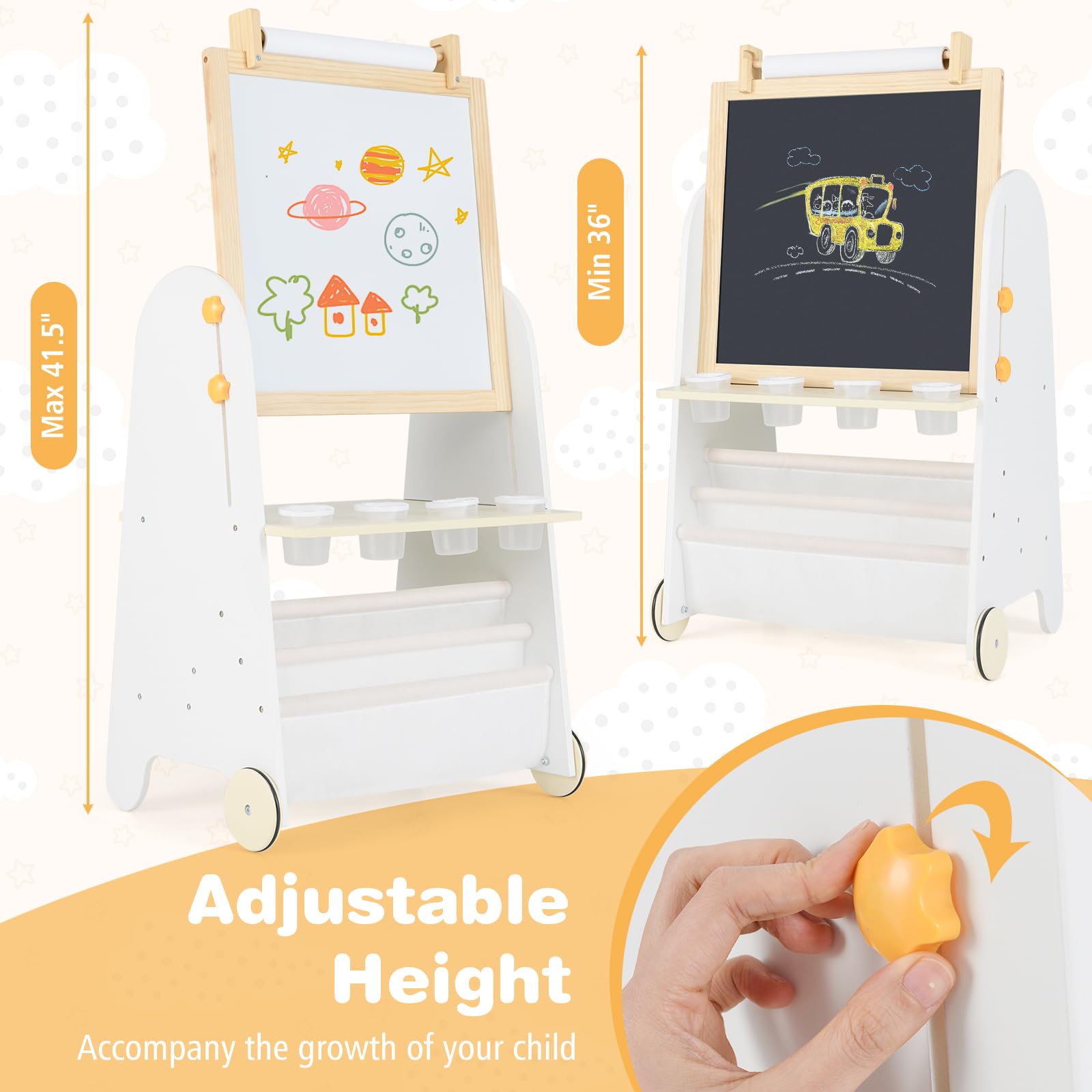 Costzon Easel for Kids, 4 in 1 Toddler Activity Table & Stool Set with Magnetic Whiteboard, Chalk Board, Paper Roll, Art Supplies, Large Desktop and Bookshelves, Kids Art Easel for Boys Girls (Beige)