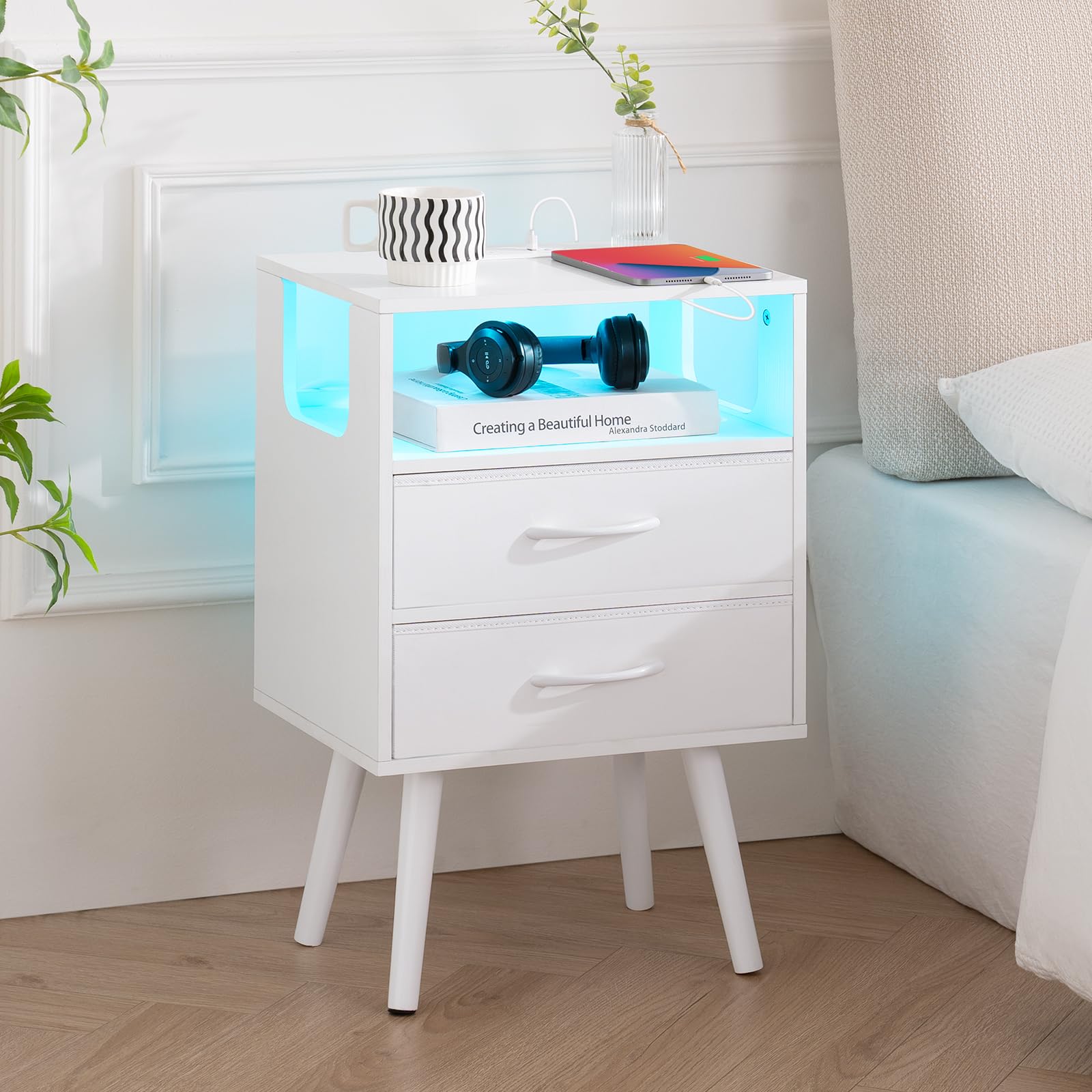 LED Nightstand with Charging Station and Fabric Drawers
