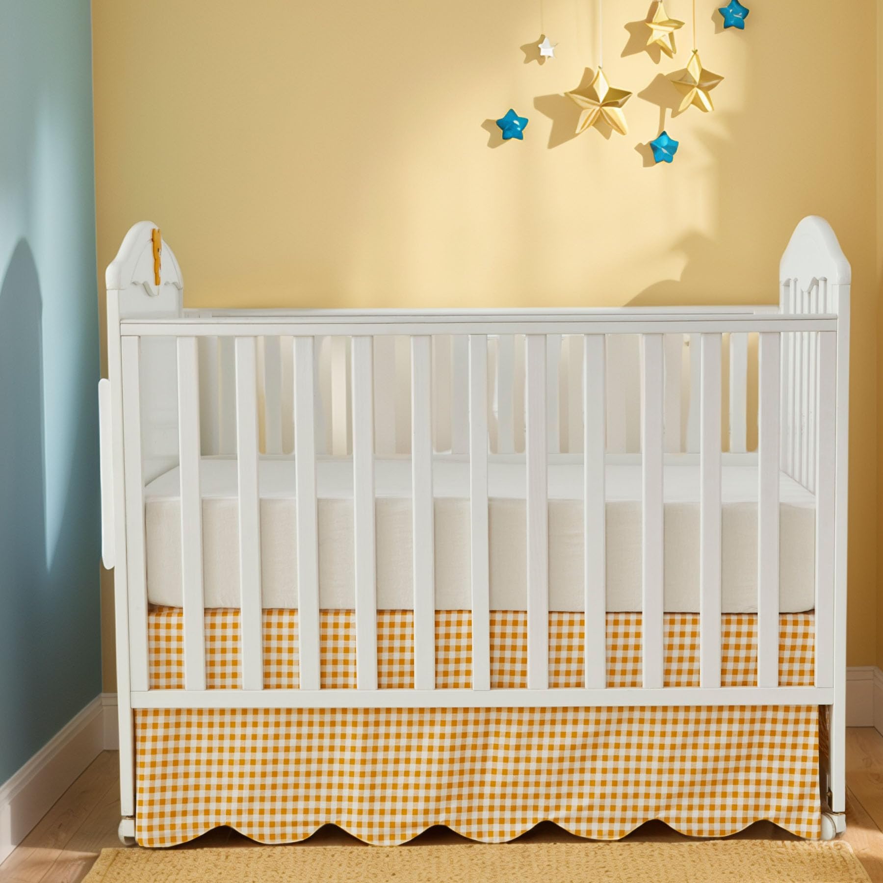 Brandream Scallop Edge Cotton Crib Skirt, Baby Boy, Baby Girl, Gender Neutral Crib Skirt Toddler Bedskirt Farmhouse Chic Nursery Crib Bed Skirt, Boho Bohemian Solid Yellow Gingham