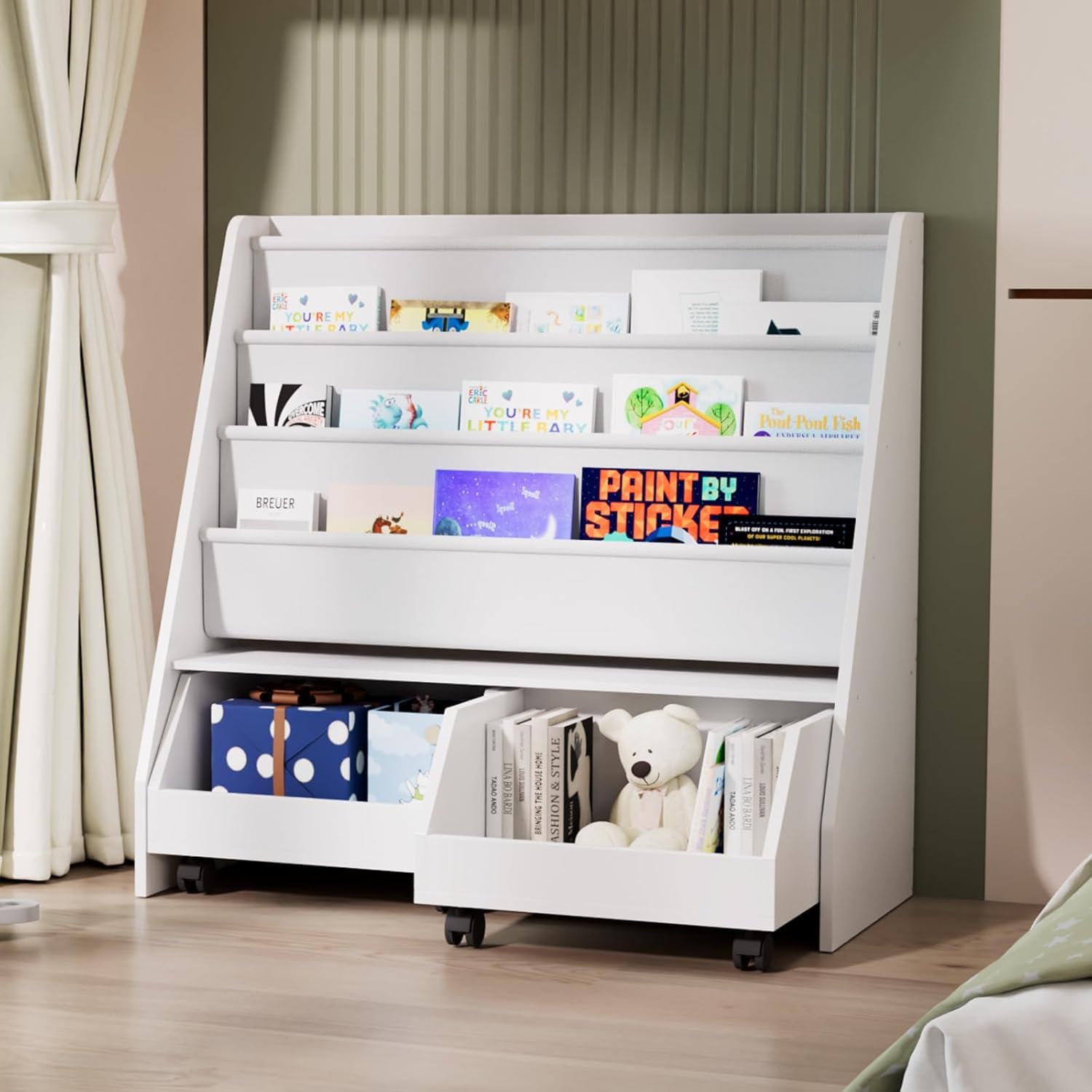 Kids Bookshelf,Toddler Bookcase Toy Bin with 2 Drawers 3 Sling Pockets