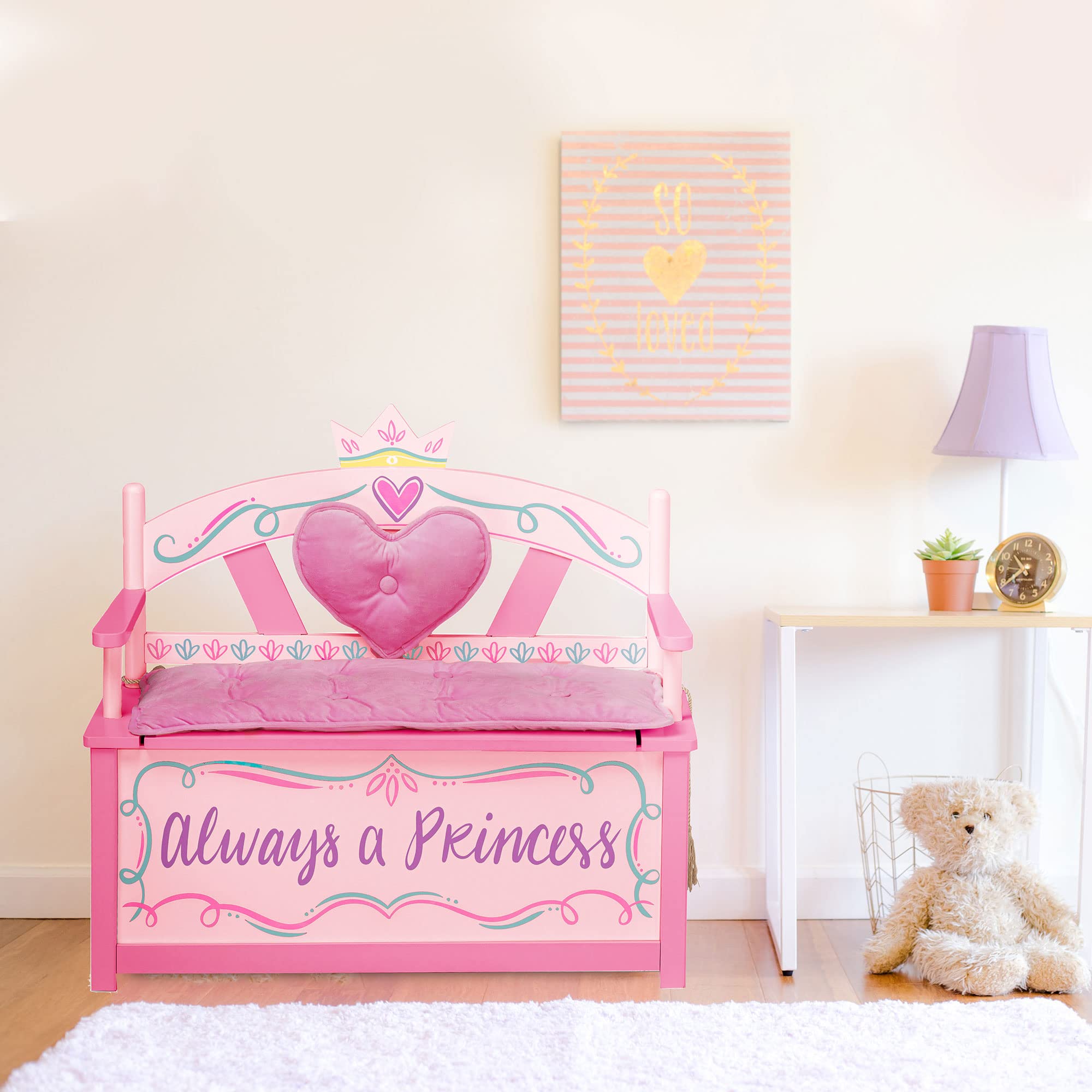 Princess Wooden Storage Bench with Padded Cushion and Safety Hinge