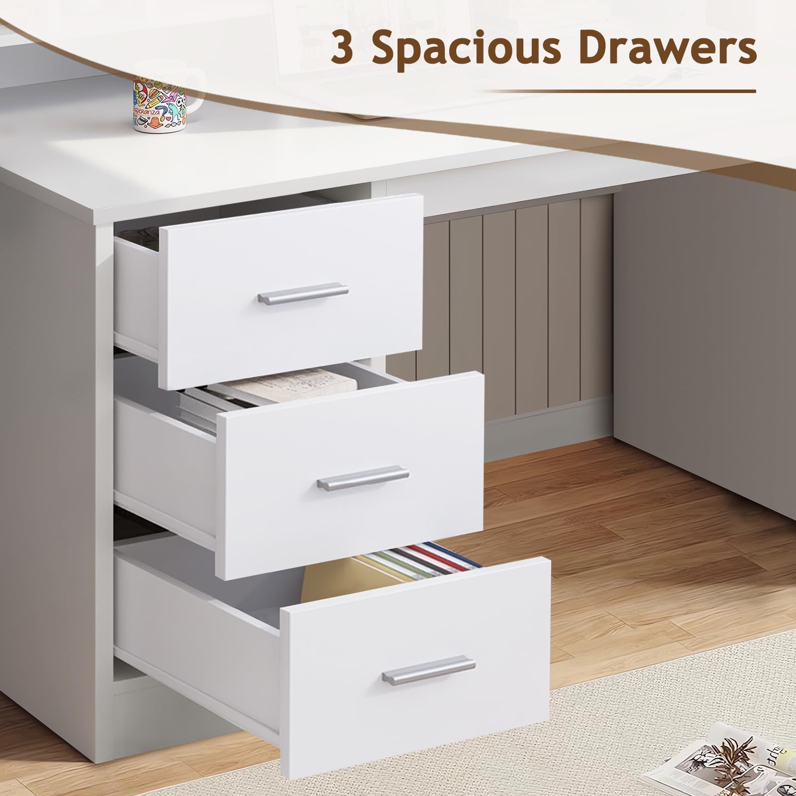 White Desk with Storage Drawers and Hutch for Bedroom