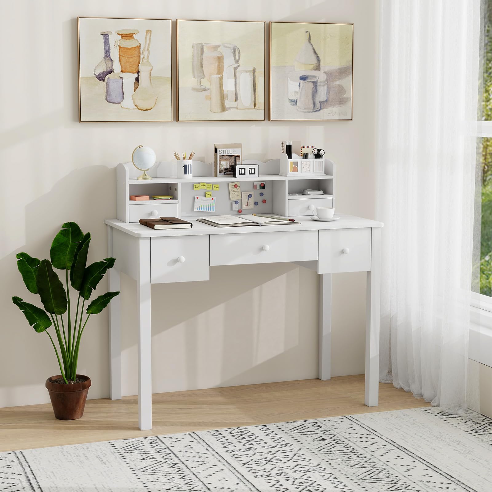 White Writing Desk with Hutch and Drawers 40 Inch