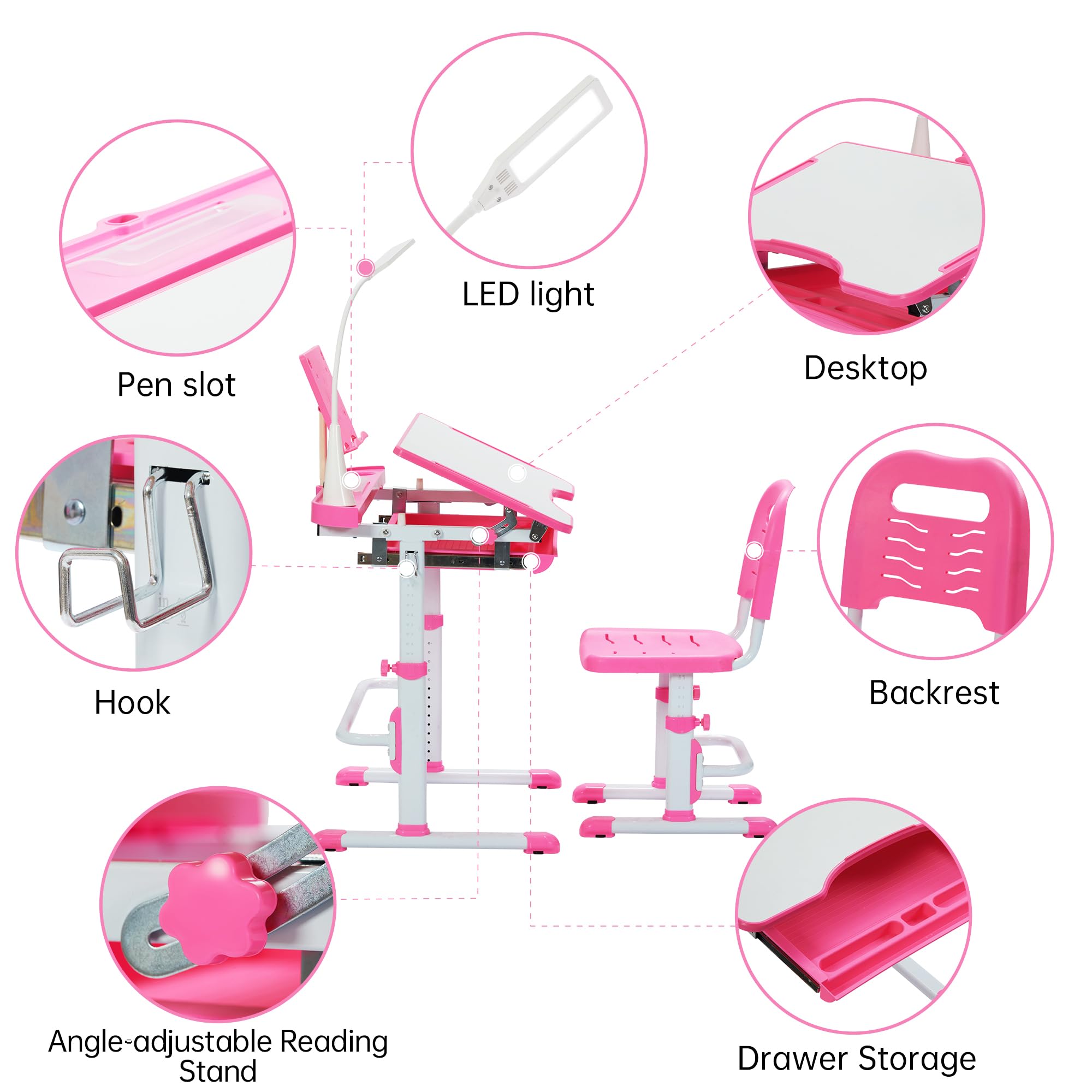 Height Adjustable Kids Desk and Chair Set with Tiltable Desktop