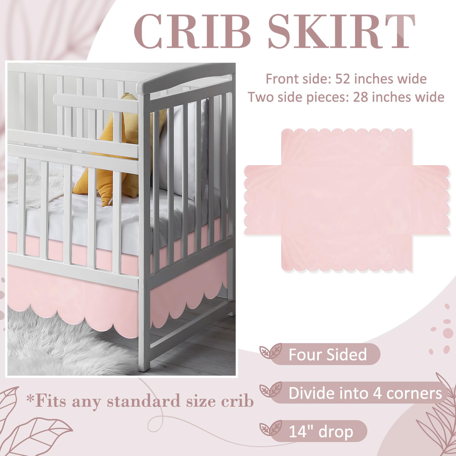 Hahafelt Scalloped Crib Skirt 28"x 52" with Drop Pleated Dust Ruffle with Split Corners for Baby Boys Girls Soft 4-Sided Crib Bed Skirt Nursery Standard Toddler Bedding (14" Drop,Pink)
