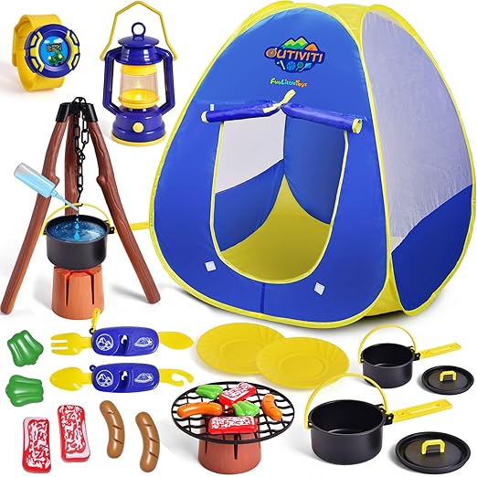 Up Play Tent with Camping Gear and Tools Set, Outdoor Toys for Kids
