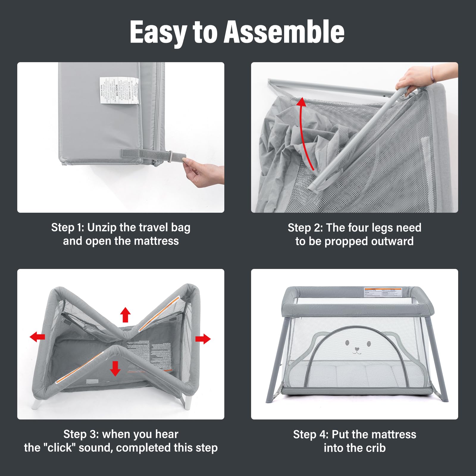 3-in-1 Portable Travel Crib with Bassinet & Playpen - Light Grey