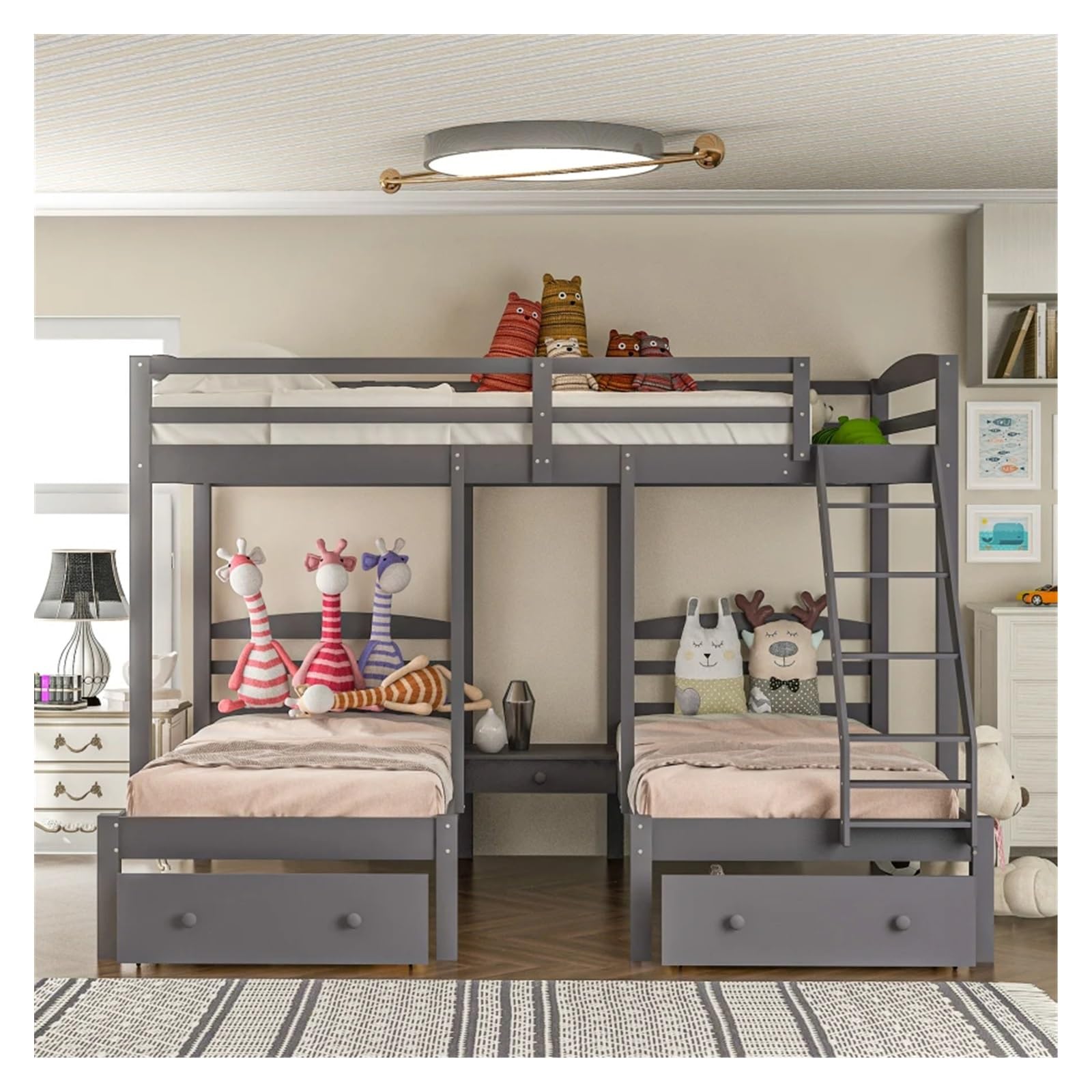 Full Over Twin & Twin Bunk Triple Bunk Bed with Drawers,Modern Style