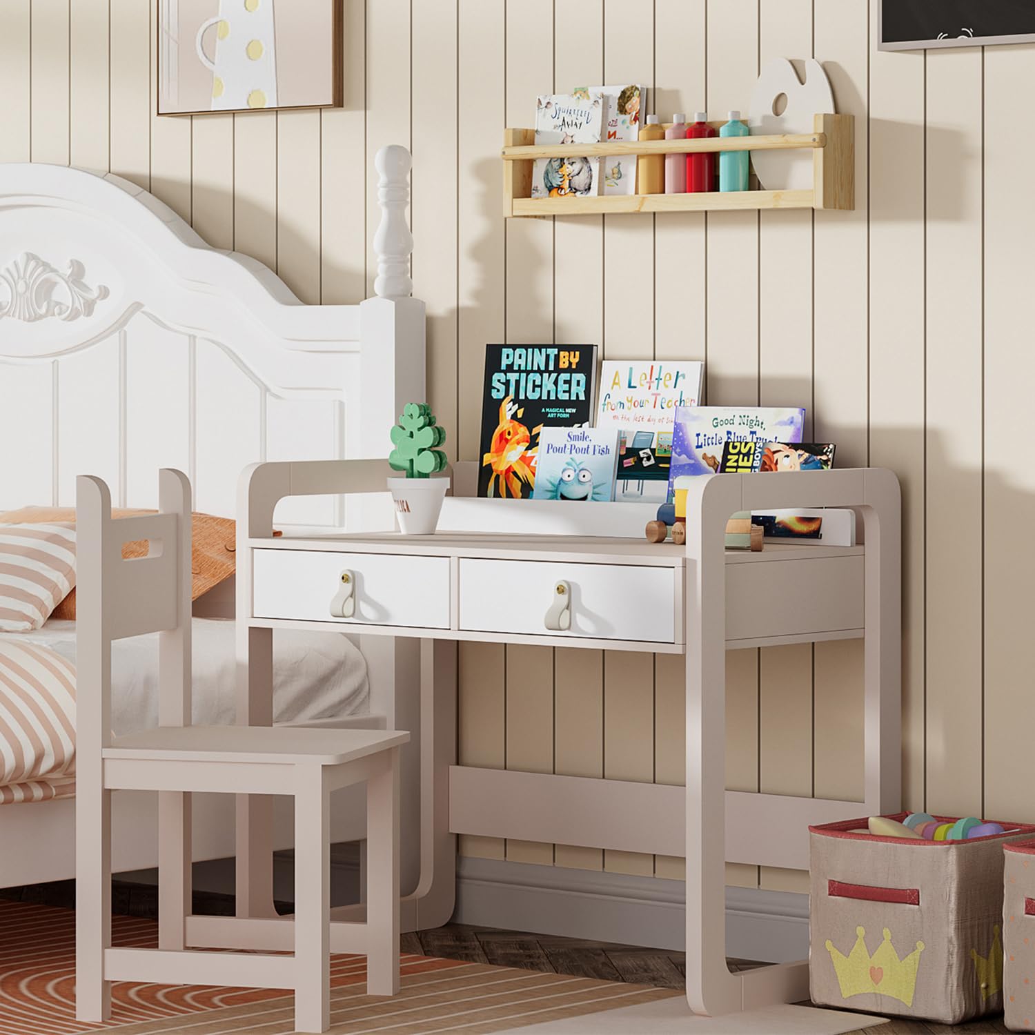 Kids Desk and Chair Set, Study Desk with Drawers, Wooden Children Table Set