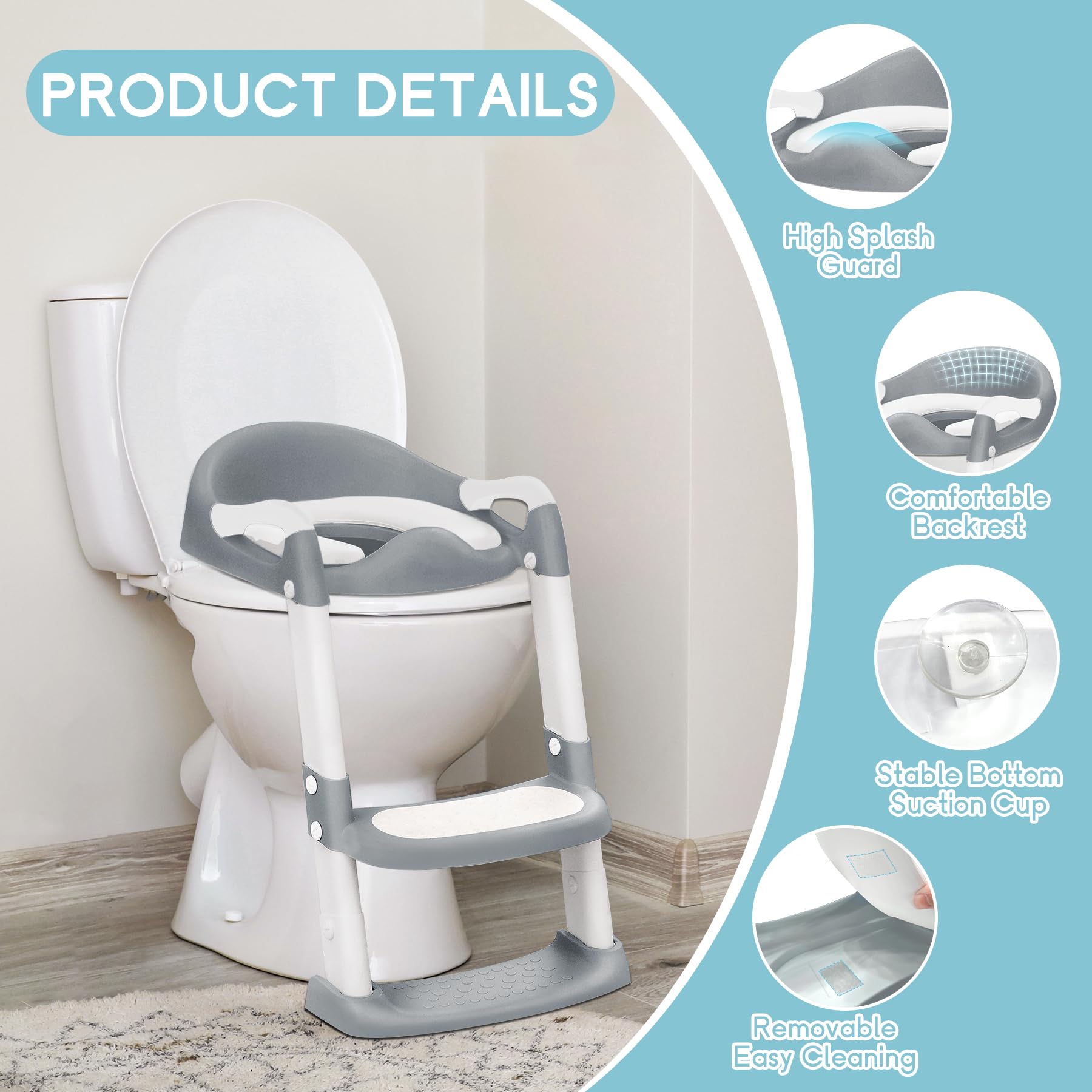COOSEYA Potty Training Toilet with Step Stool Ladder, Toddler Kids Potty Training Seat for Boys Girls, Foldable Anti-Slip Toilet Toddler Seat Splash Guard Soft Cushion Safety Handles (Grey)