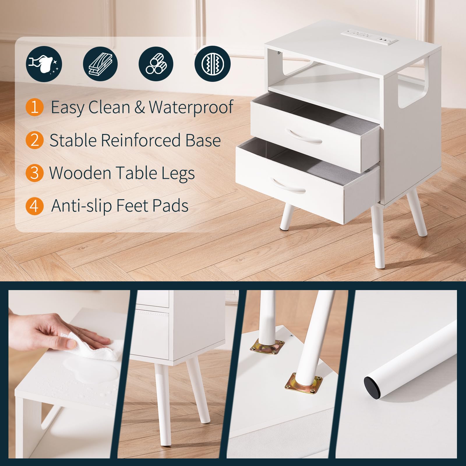 LED Nightstand with Charging Station and Fabric Drawers