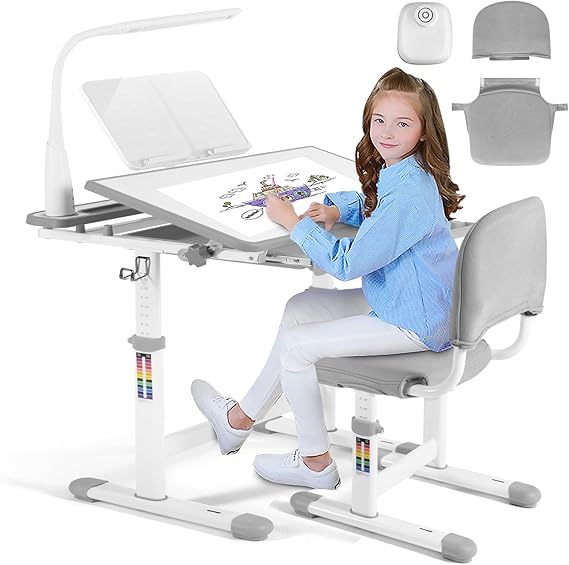 Kids Study Table and Chair Set,Adjustable Girls School Writing Study