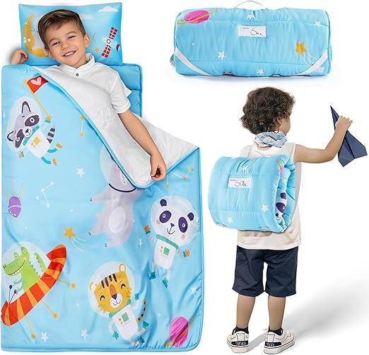 Nap Mat with Pillow and Blanket, Soft Sleeping Bag for Kids Boys and Girls
