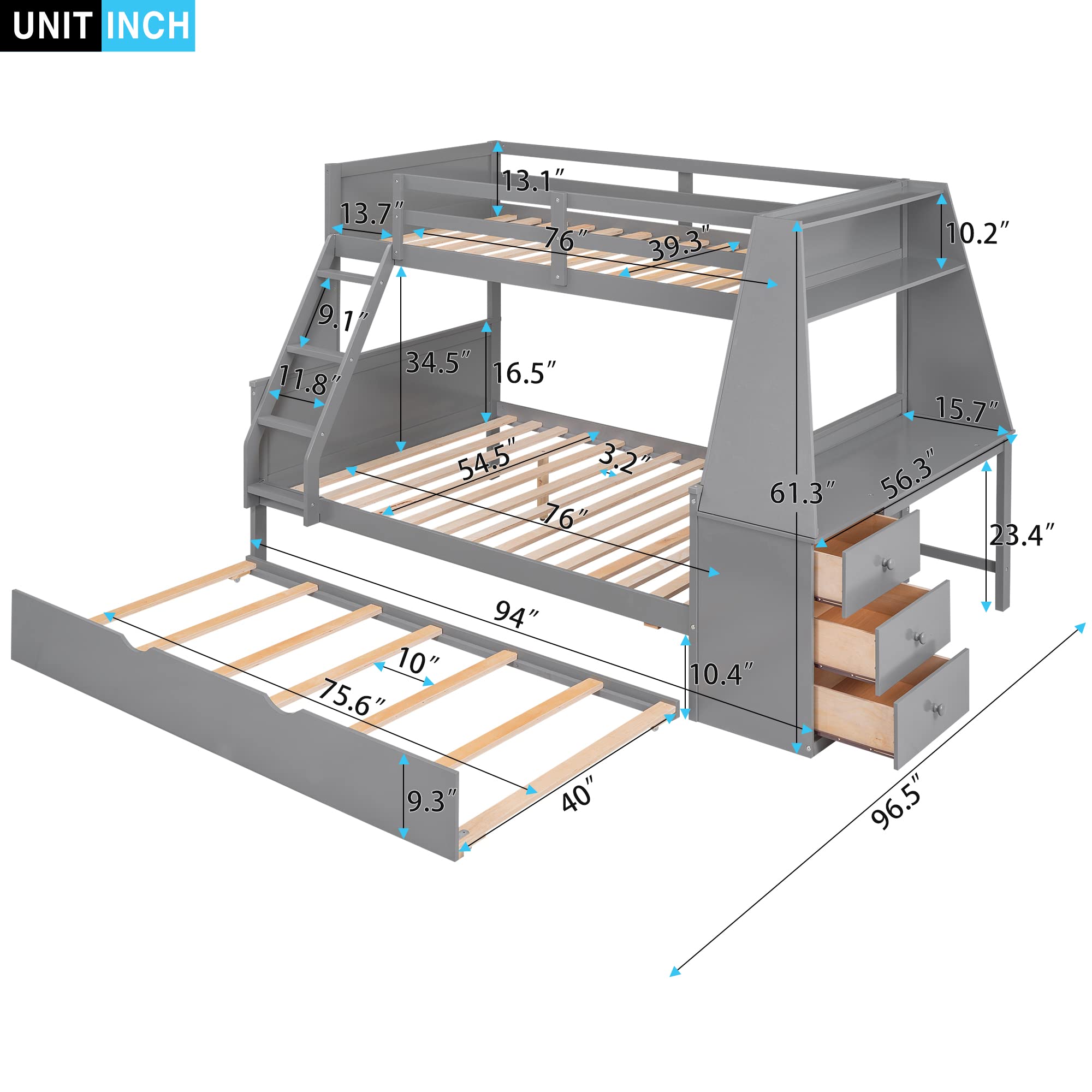 Twin Over Full Bunk Bed with Trundle and Desk