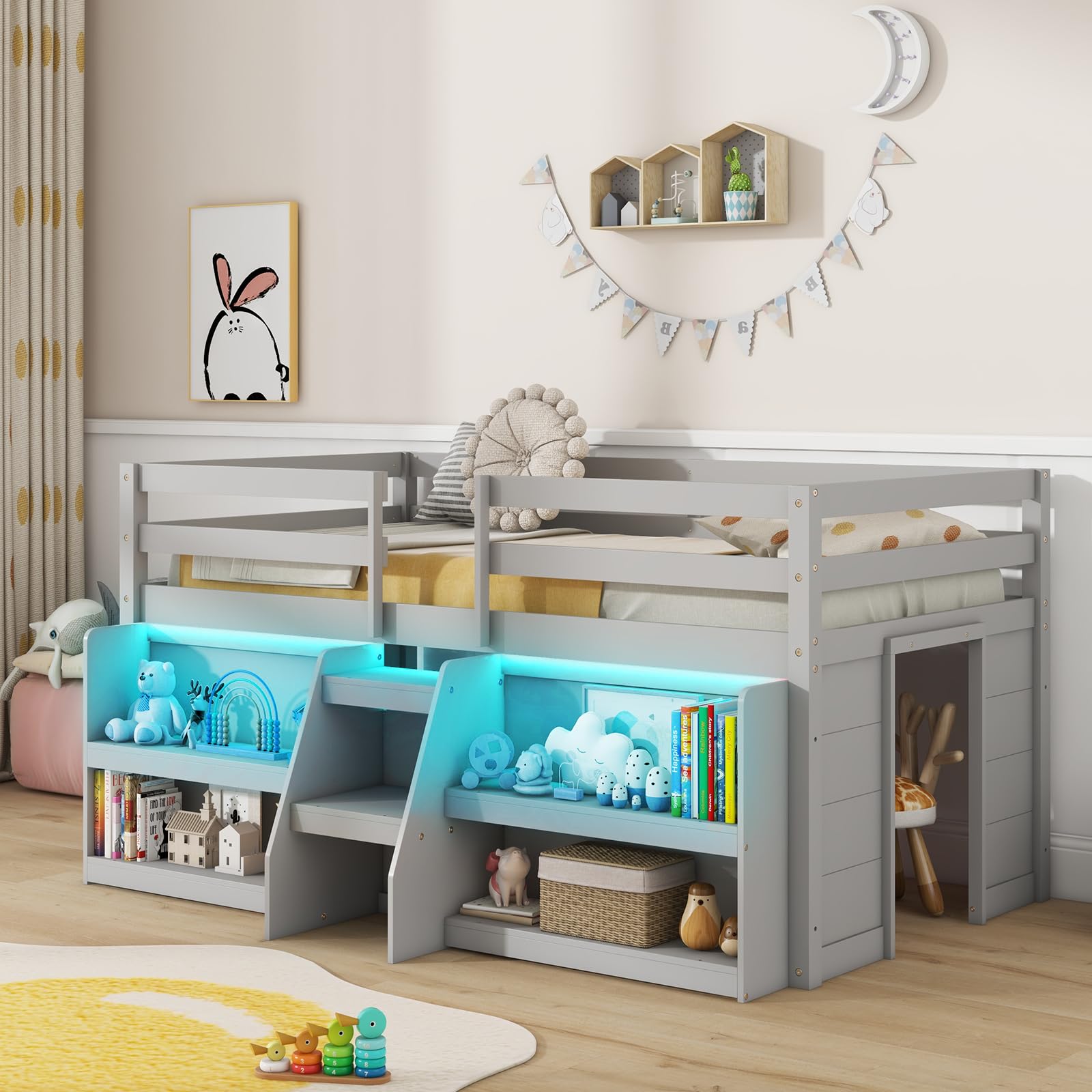 Low Loft Bed with LED Lights, Wooden Loft Bed Twin Size with Stairs & Safety Guardrail