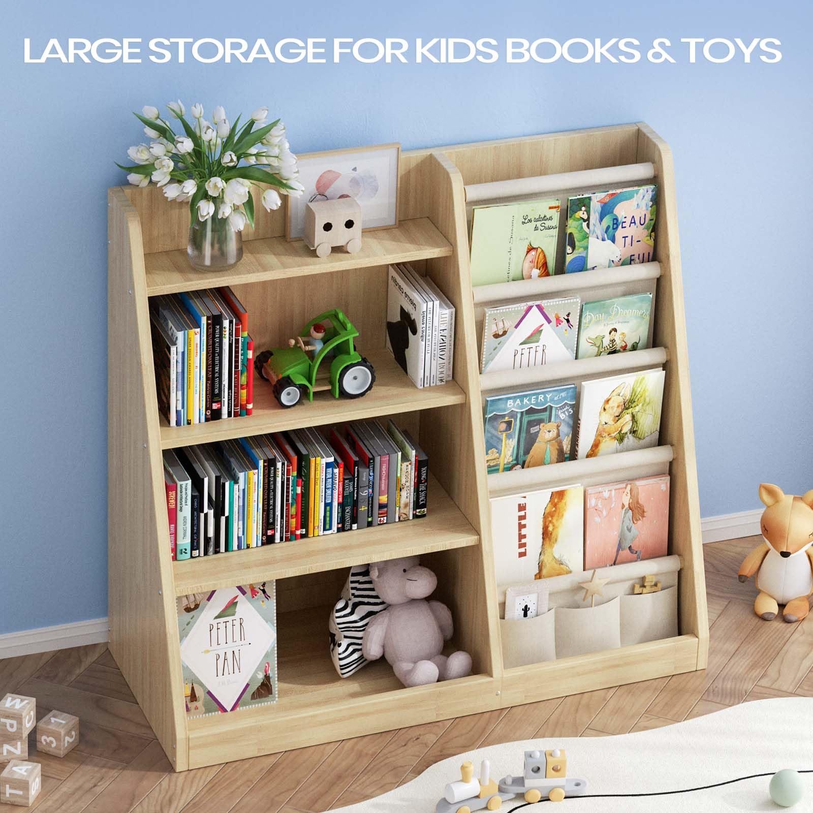 4 Tier Wooden Kids Bookshelf and Toy Storage Organizer