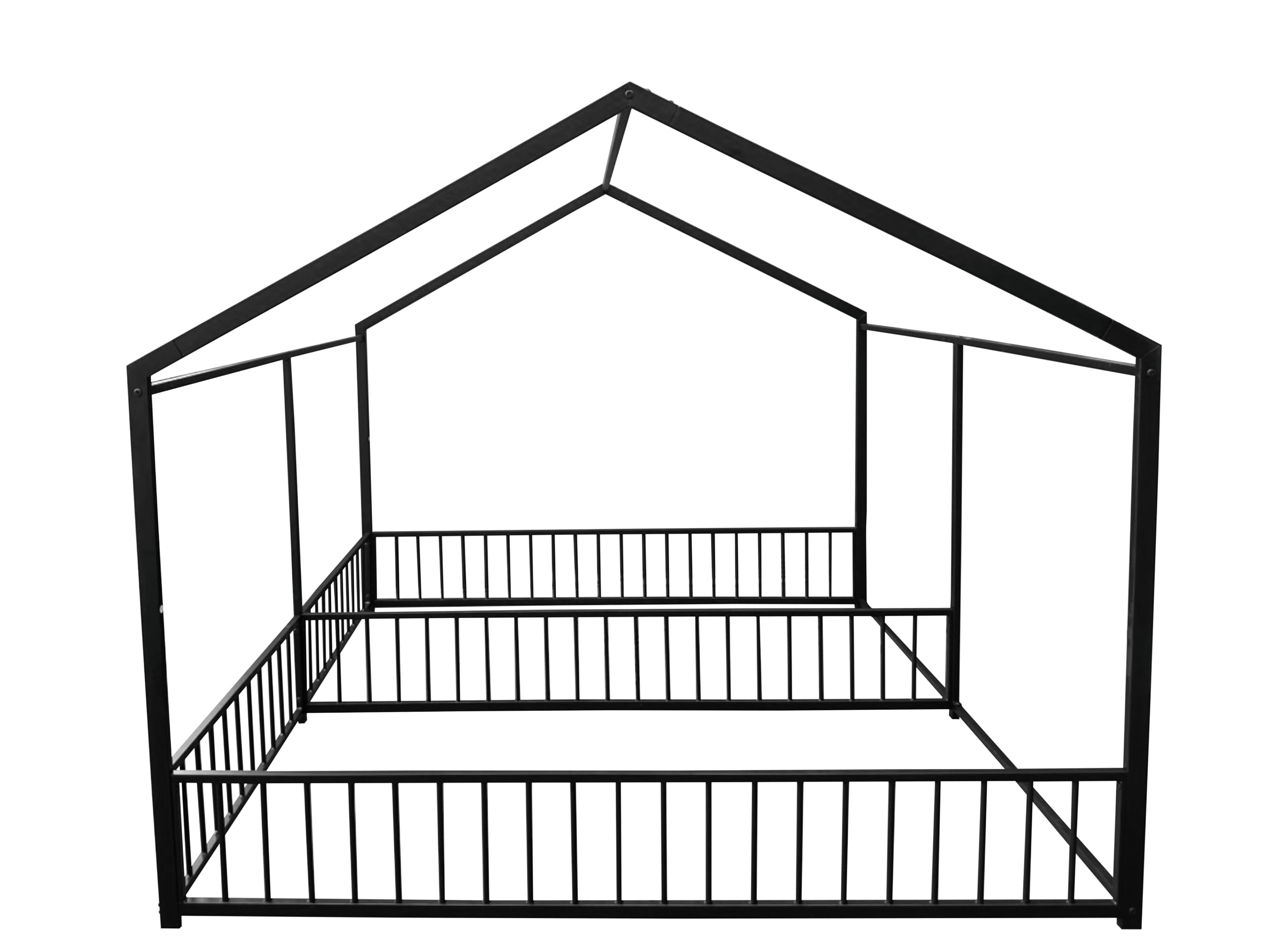 Double Montessori Floor Bed with Fence & Roof for Two Kids Teens Boys Girls