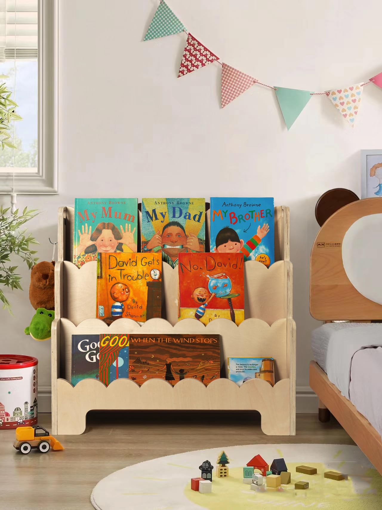 Kids Bookshelf Wooden 3-Tier, Scalloped Book Shelf for Kids Rooms
