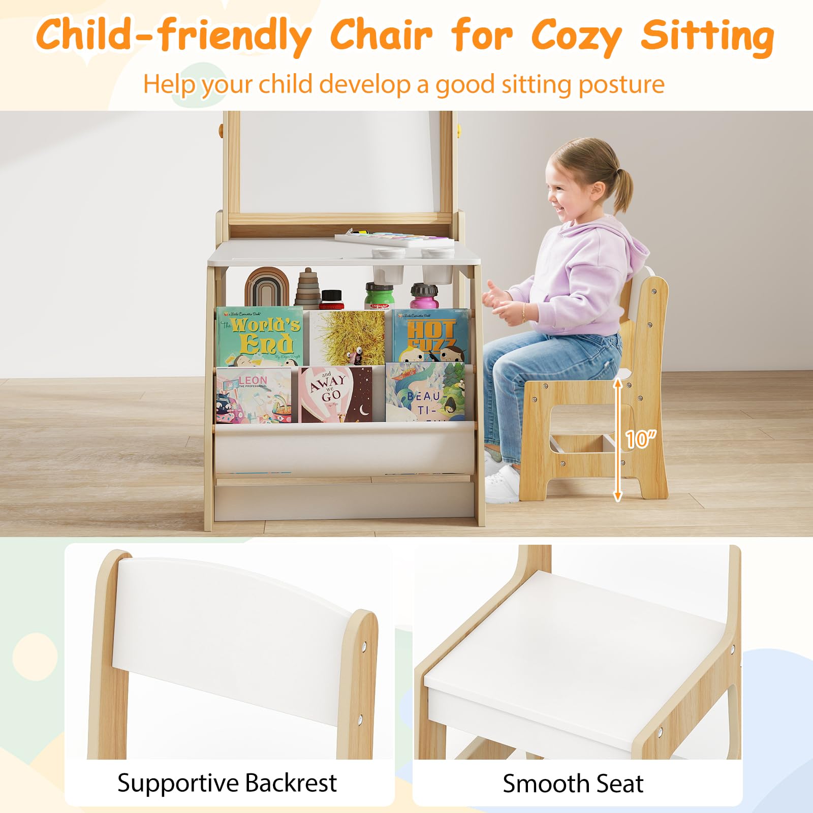 Kids Art Table and Chair Set with Easel - 4-in-1 Wooden Activity Desk