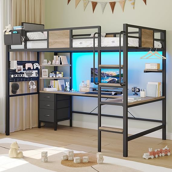 Twin Size Loft Bed with L-Shaped Desk and 3 Fabric Drawers