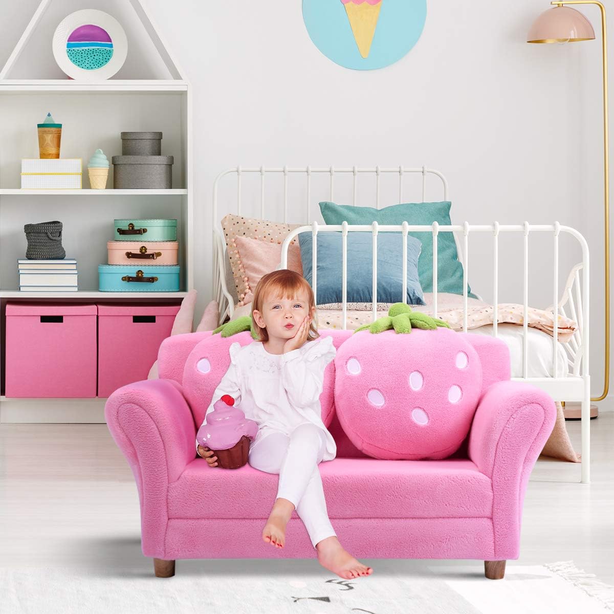 Kids Couch, Double Seat Pink Children's Sofa with 2 Strawberry